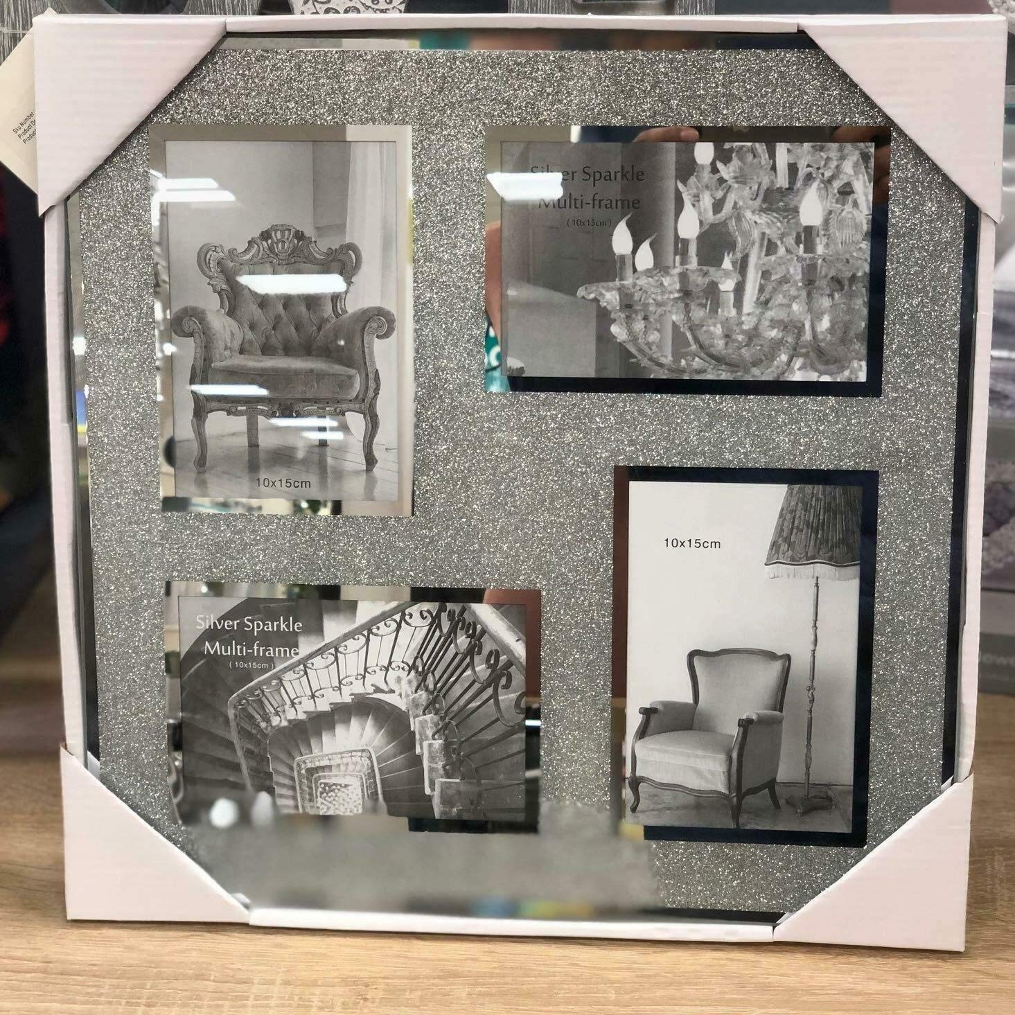 Biznest Sliver Aperture 4 Picture Photo Frame Hold 4 Picture Silver Mirrored Crushed Jewel Crystal Diamante 6”X4”