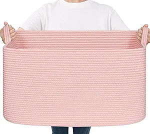 Goodpick Large Blanket Basket, Woven Baskets for Storage, Large Baskets for Organizing, Rectangle Toy Basket for Nursery, Bedroom, 21.6" x 14.9" x 11.8", Pink