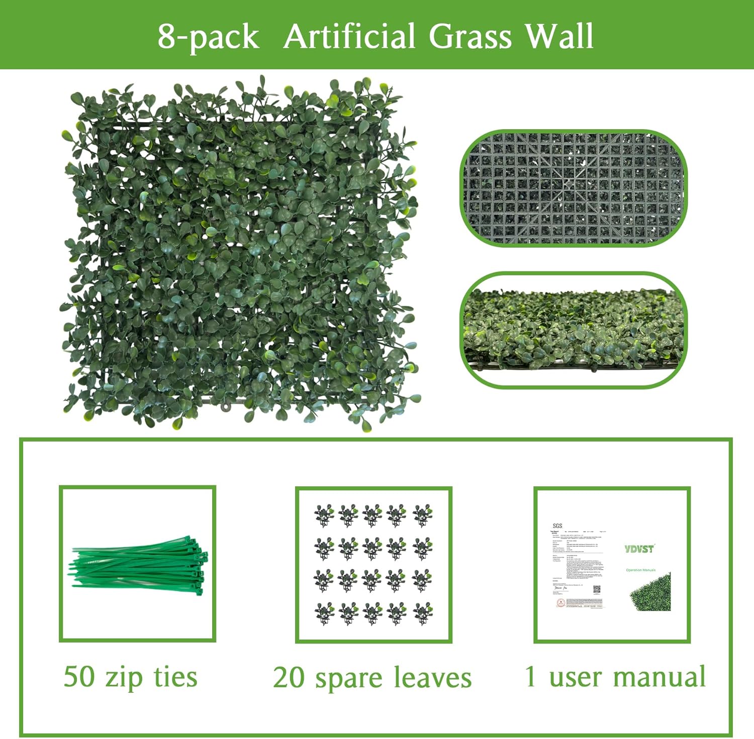 Grass Wall Panels 8 PCS 10"x 10" Artificial Boxwood Panels with 50 Zip Ties, Fake Greenery Backdrop Wall Grass 3 Layer Backdrop Artificial Plant Walls for Outdoor Indoor Garden Fence Backyard