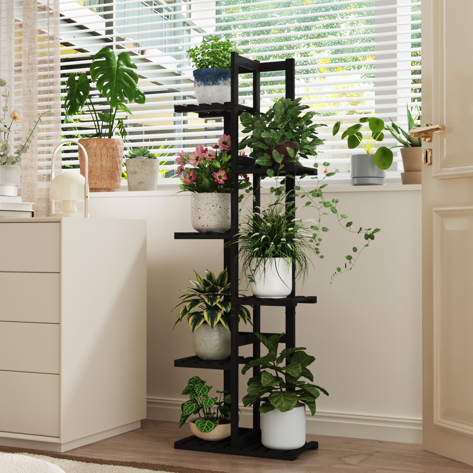 Bamworld 6 Tier Bamboo Plant Stand Indoor, Corner Plant Shelf for Multiple Plants, Small Tiered Flower Stand for Window Garden Balcony Home Decor Living Room Bedroom(Black)