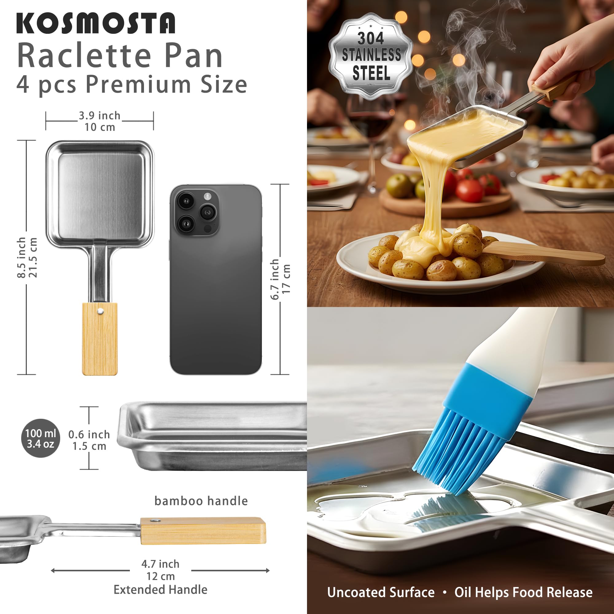 Lot de 4 Poêles à Raclette Carrées en Acier Inoxydable avec Manche Extra Long et Poignée en Bambou, 4 Spatules en Bambou, Sans Revêtement, Grandes Poêles Raclette, Accessoires de Remplacement