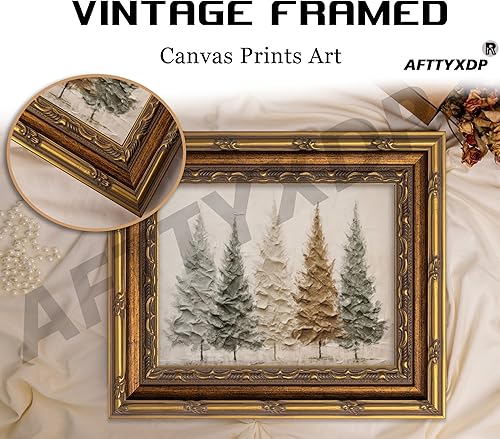 Miniatura 3 de Arte de pared de paisaje de invierno con marco dorado vintage, pintura al óleo de árbol de pino de Navidad, impresiones en lienzo de paisaje de