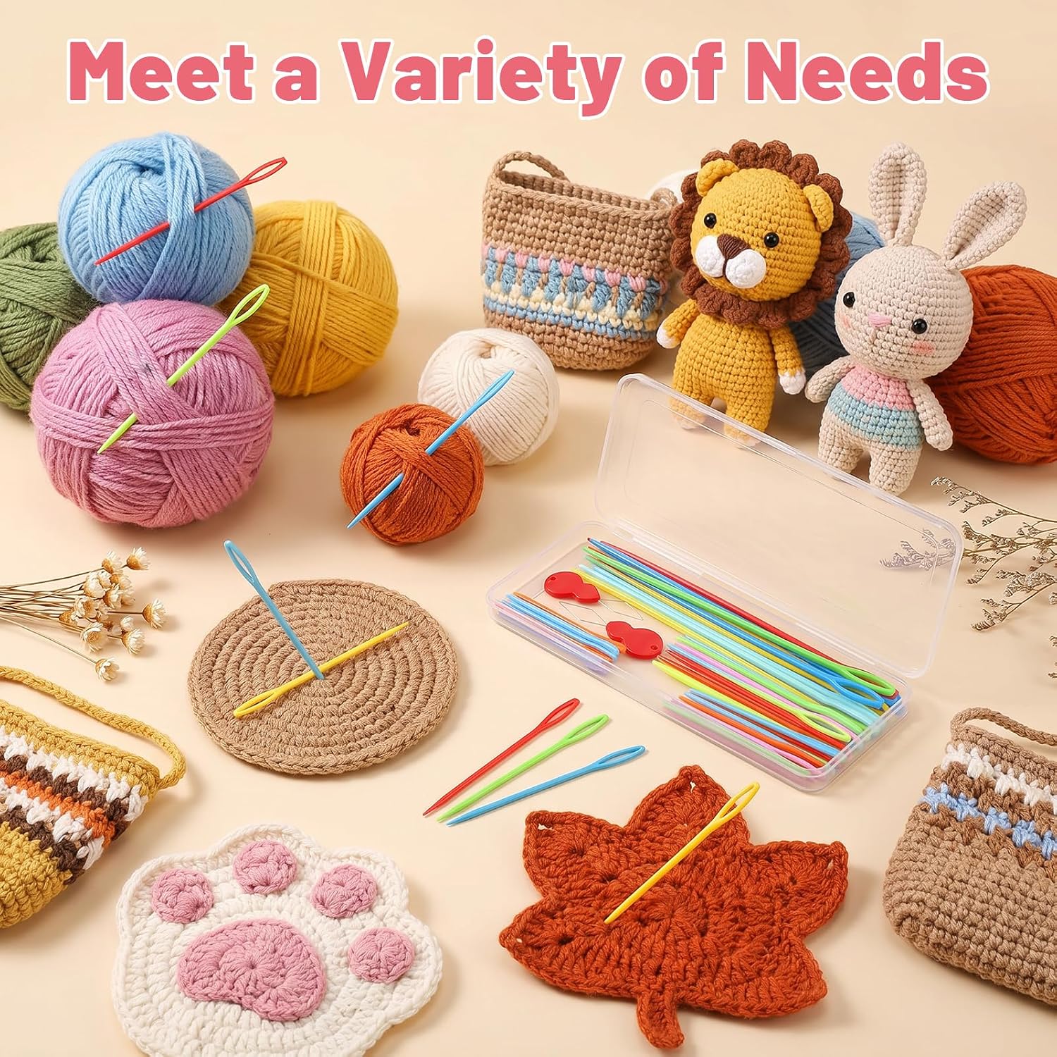 42Pcs Plastic Needles Plastic Needles for Yarn Large Eye Yarn Needle Colorful Crochet Needle with 2 Threader and Stroge Box for Knitting Weaving Sewing (4 Sizes)