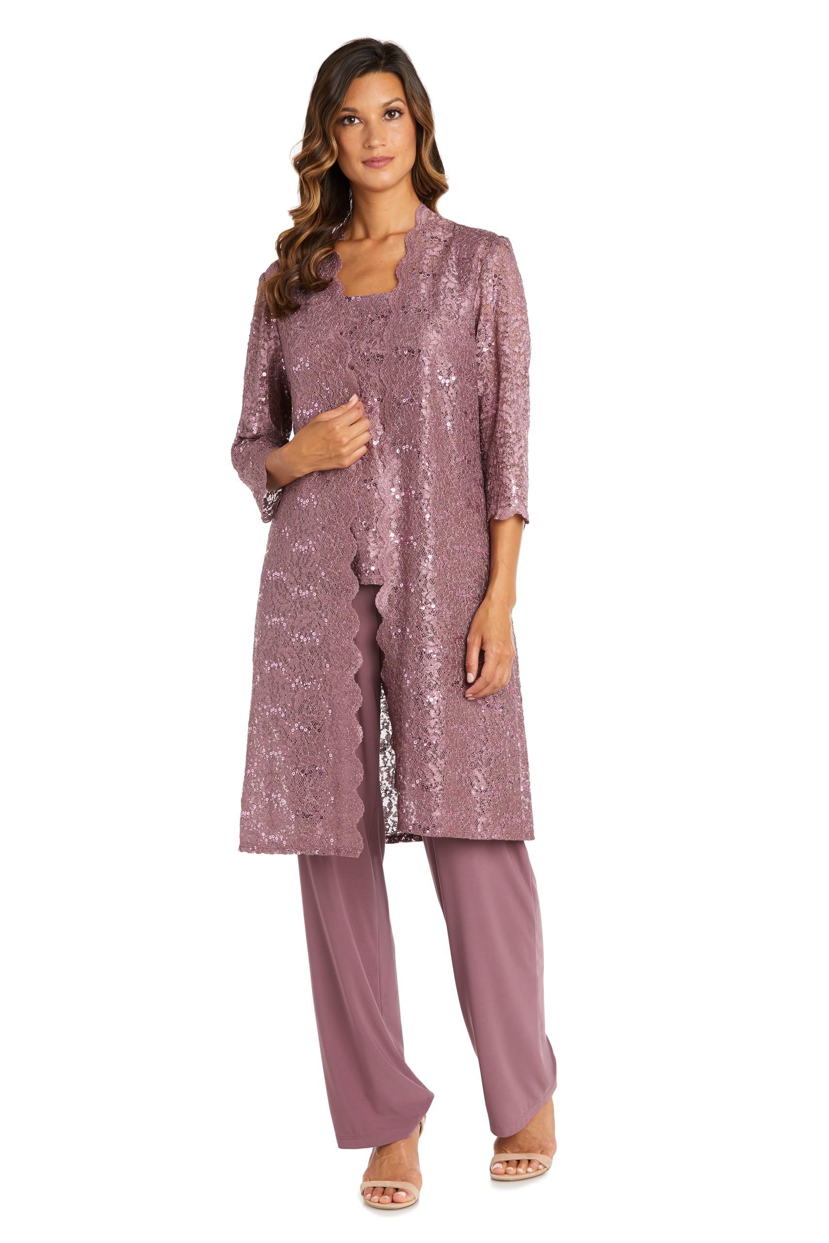 R&M Richards Women's Scallop Lace Duster Pant Set