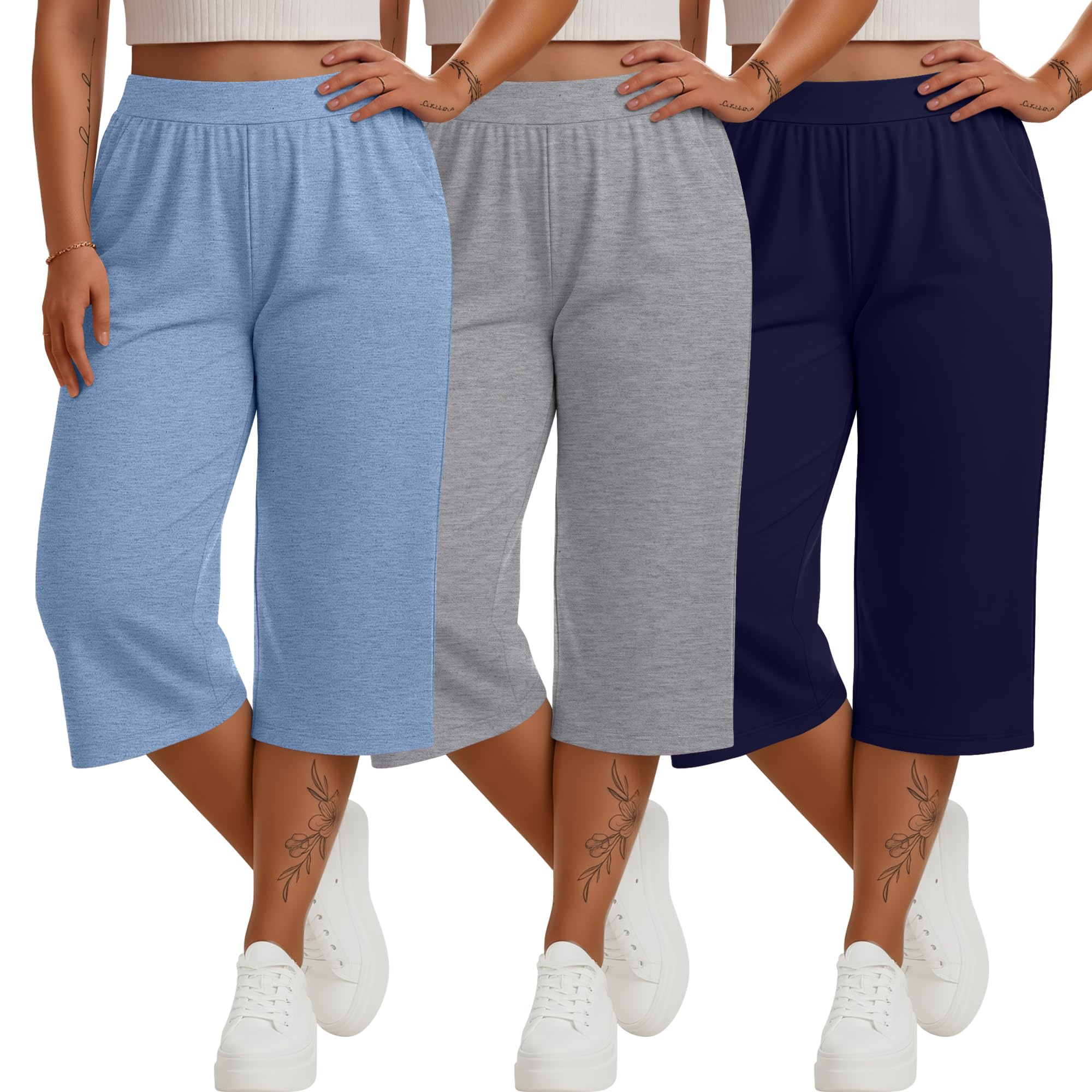 Photo 1 of Huukeay 3 Pack Women's Plus Size Capri Pants Loose Fit Wide Leg Capris Sweatpants Summer High Waisted Yoga Pants with Pockets(Navy Blue, Light Heather Gray, Light Blue,XX-Large)