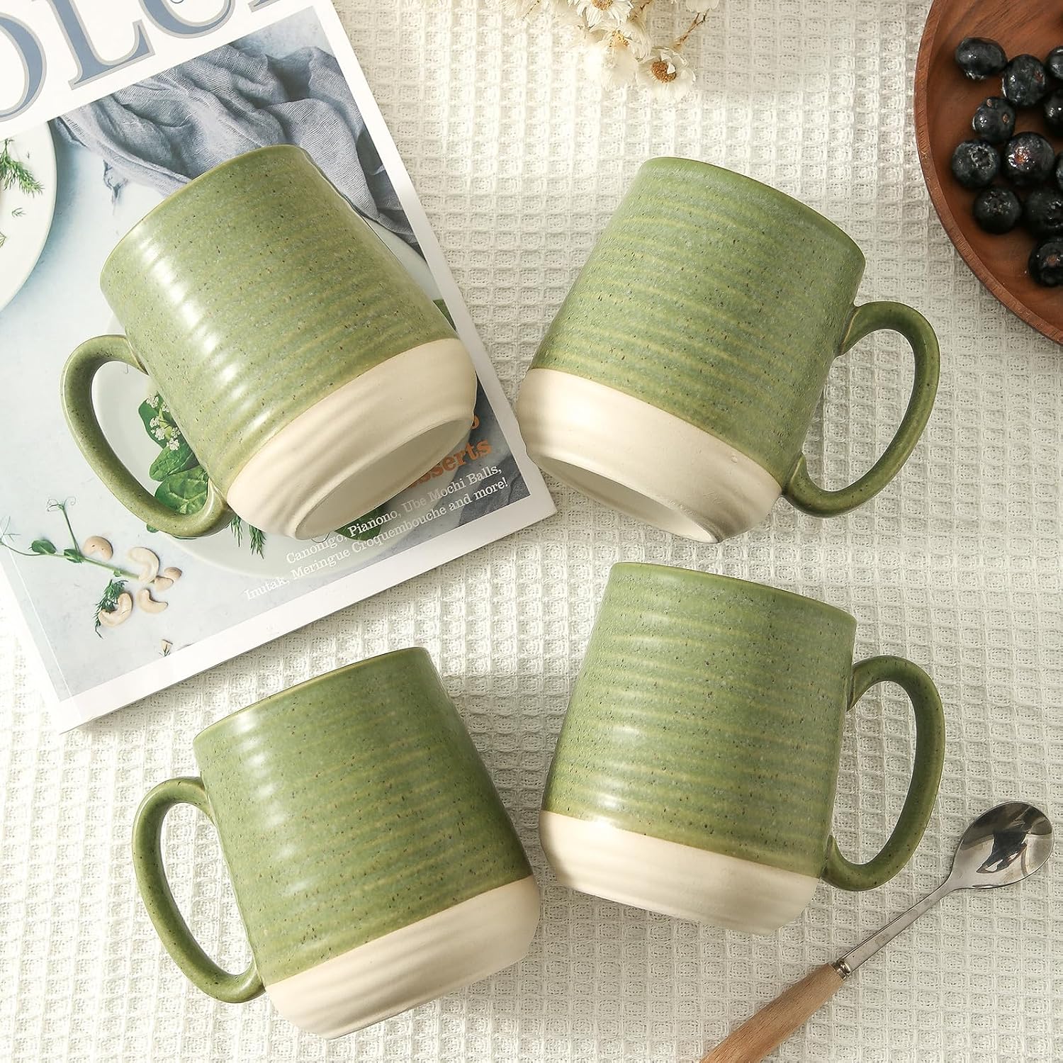 HASENSE Porcelain Coffee Mugs Set of 6, 15 Ounce Large Ceramic Coffee Cups Set with Handle for Latte, Tea, Cocoa and Hot Chocolate, Green Coffee Mugs for Men and Women, Microwave Safe