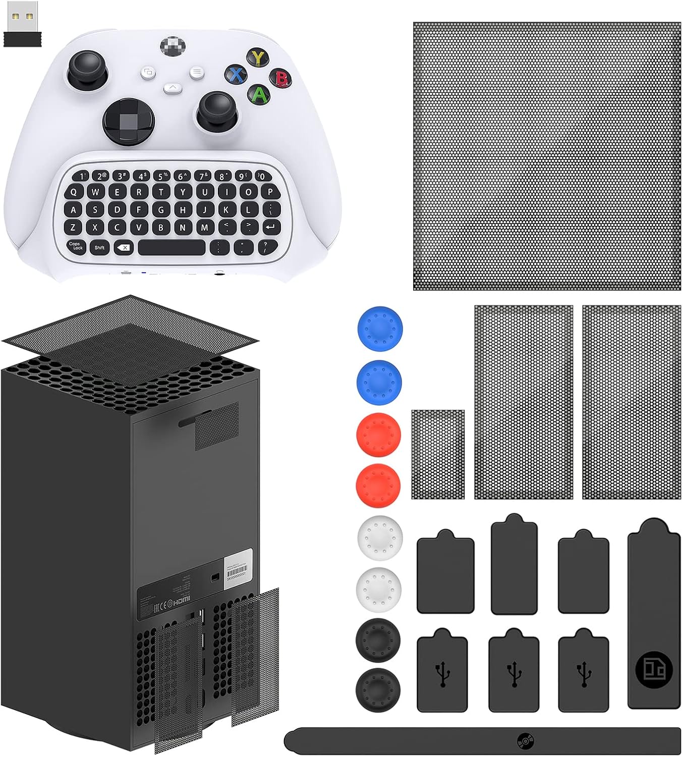 Dust Filter Cover for Xbox Series X with Rubber Dust Plugs and Keyboard for Xbox Series X/S Controller, for Xbox One/S/Controller Gamepad White