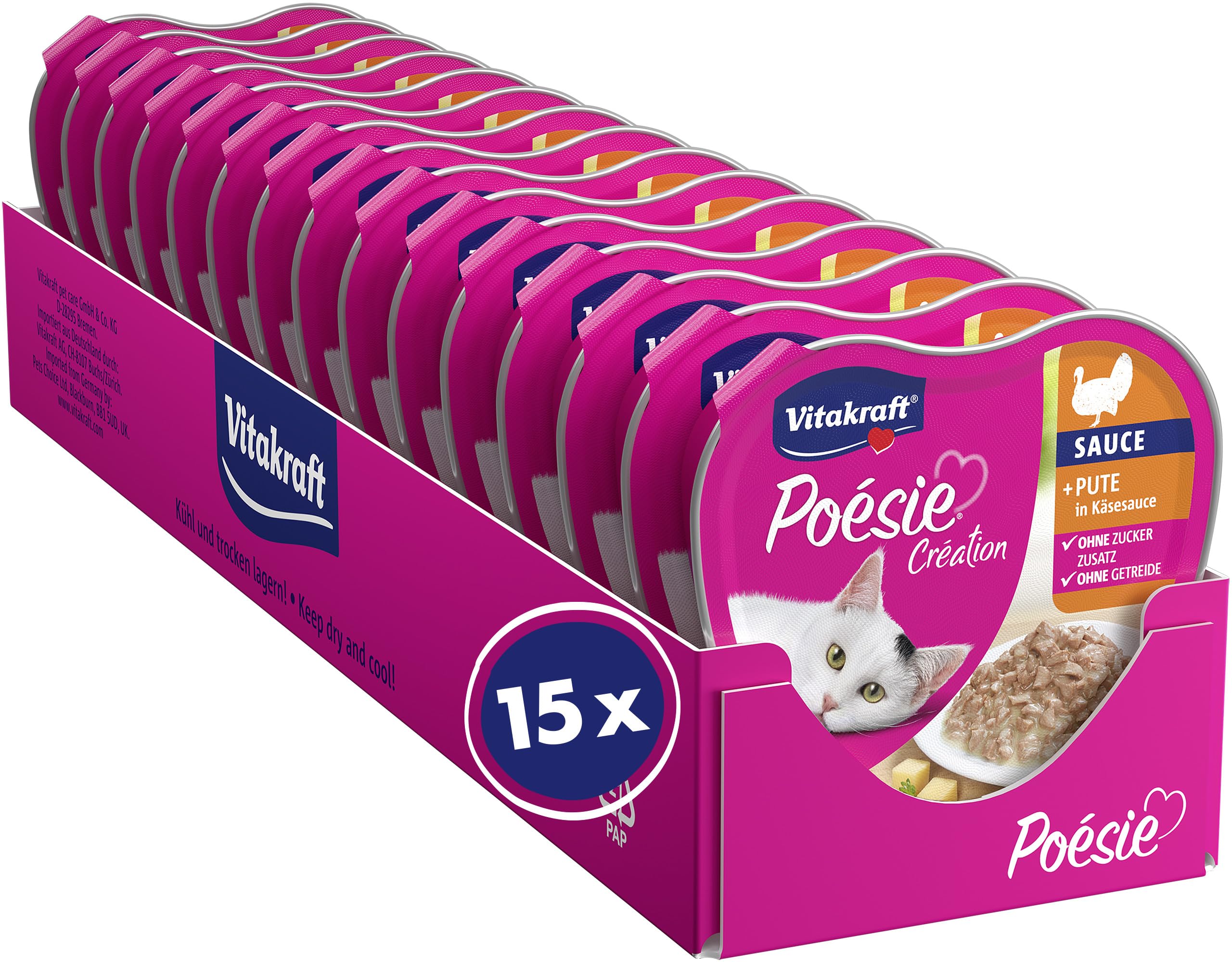 Vitakraft Poésie Création, Nassfutter Katze, Katzennassfutter in Sauce, mit Pute in Käsesauce, Vorratspackung, ohne Zusatz von Zucker und Getreide (15x 85g)