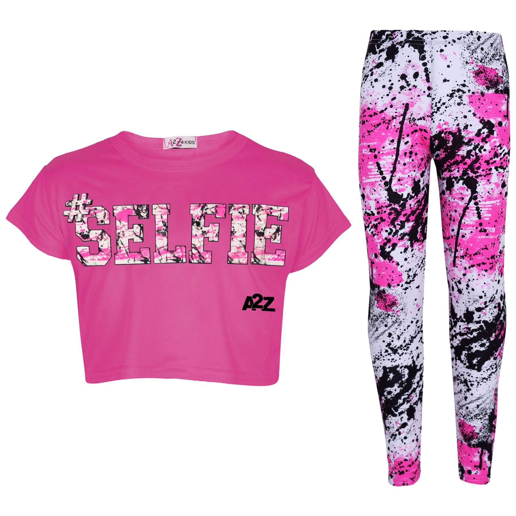 A2Z 4 Kids Girls Crop Top and Leggings Set #Selfie Printed Tie Dye Loungewear - Selfie Splash Crop Leg Pink 13