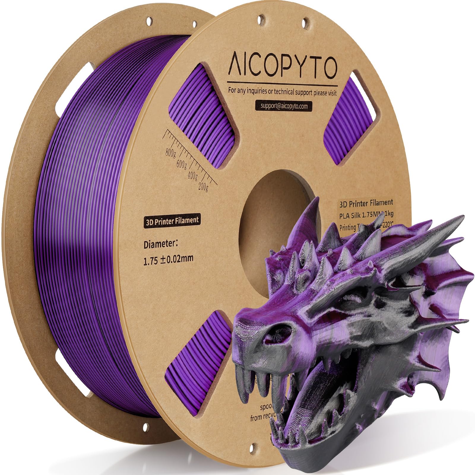 3D Printer Silk PLA Filament 1.75mm, Shiny Dual Color Black Purple, Dimensional Accuracy +/- 0.02 mm, 1KG (2.1lbs)/Spool Easy to Print for Most FDM 3D Printers