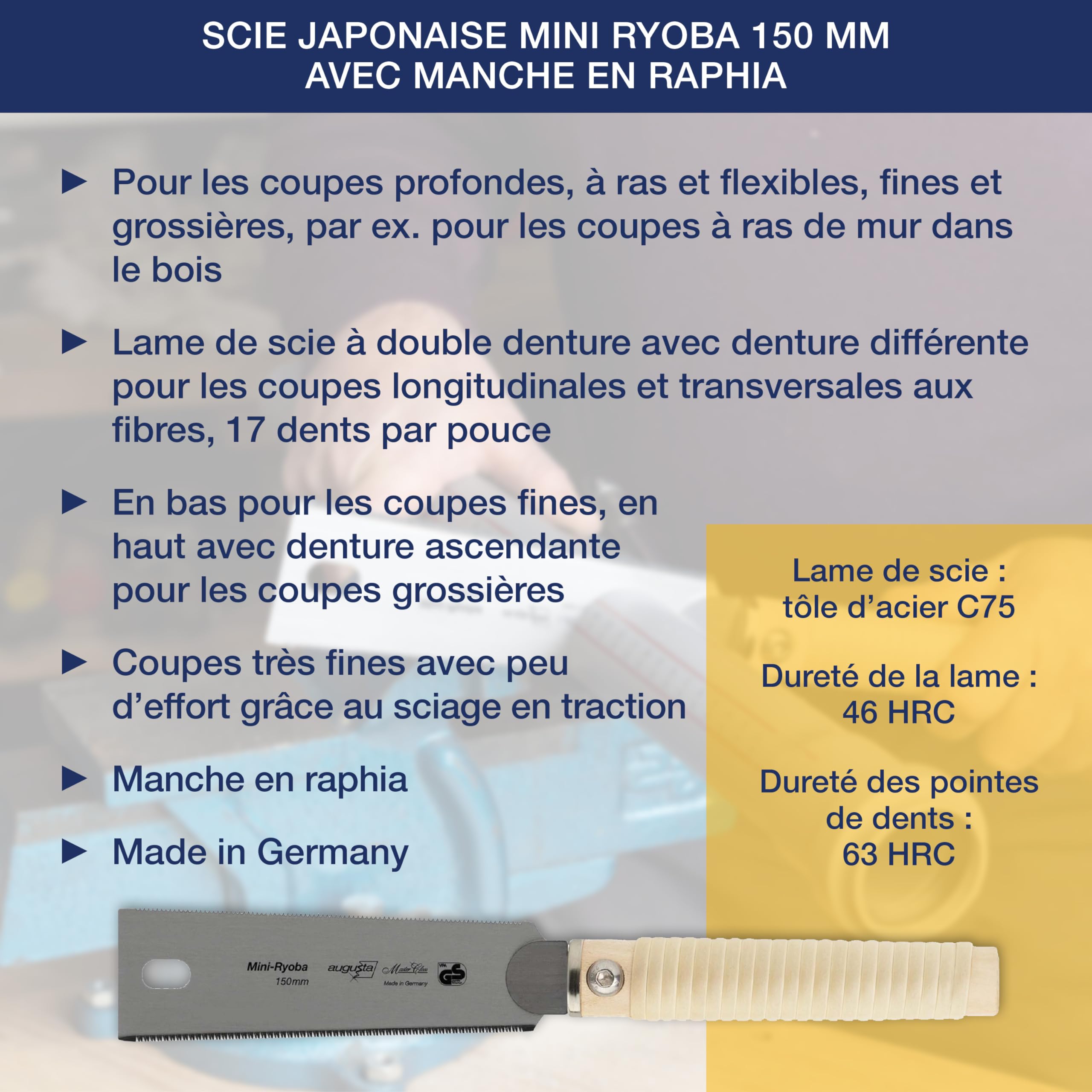 Augusta-Heckenrose scie japonaise Mini Ryoba 150 mm I Scie traditionnelle acier C75 découpes fines et grossières I Scie à bois dentée flexible et poignée en raphia de frêne