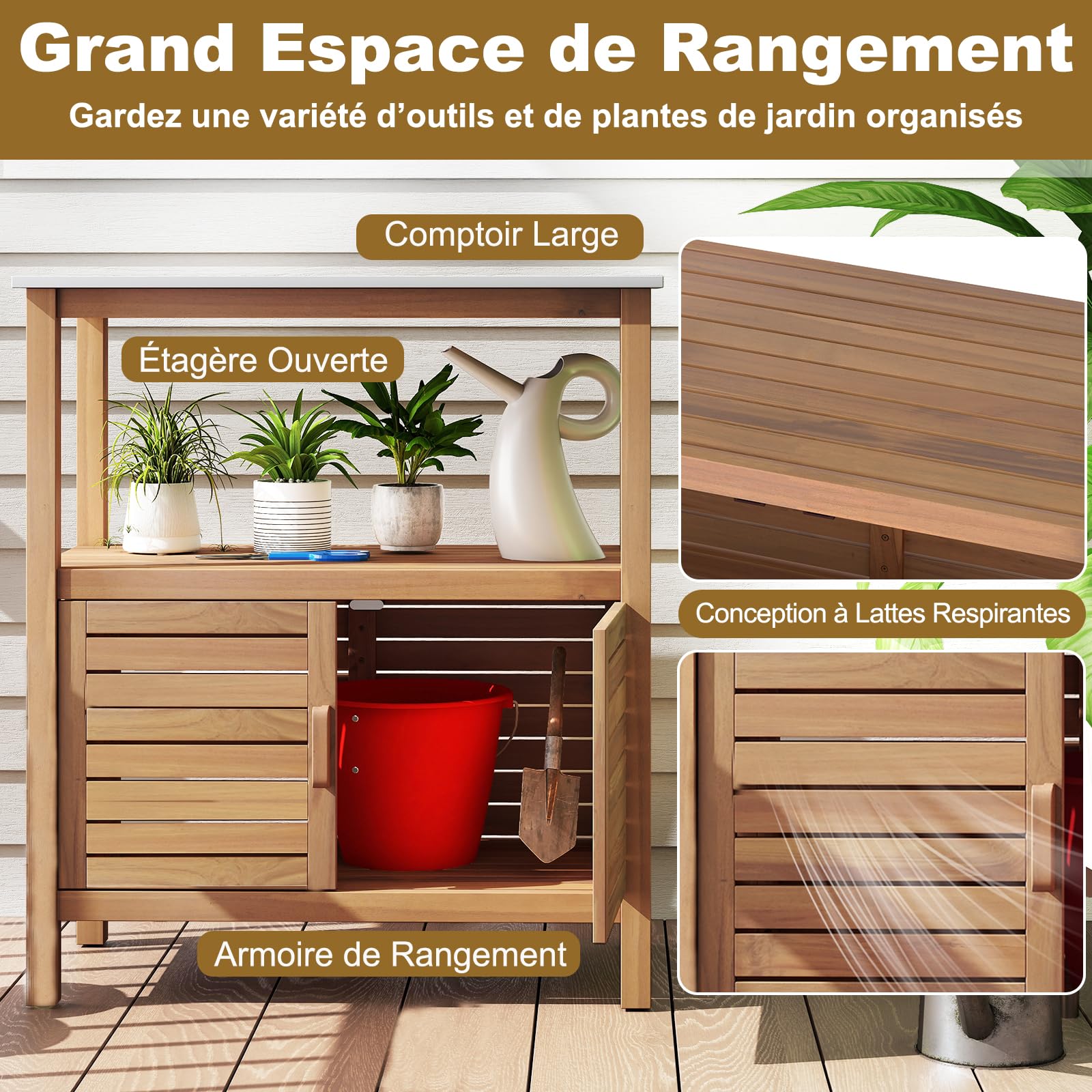 GOPLUS Table de Rempotage en Bois, 88x45x120 CM, Table de Jardinage avec Plateau en Résine Large, Étagère de Rangment Ouverte, Armoire Inférieur pour Outils, Charge 70KG, pour Terrasse, Jardin