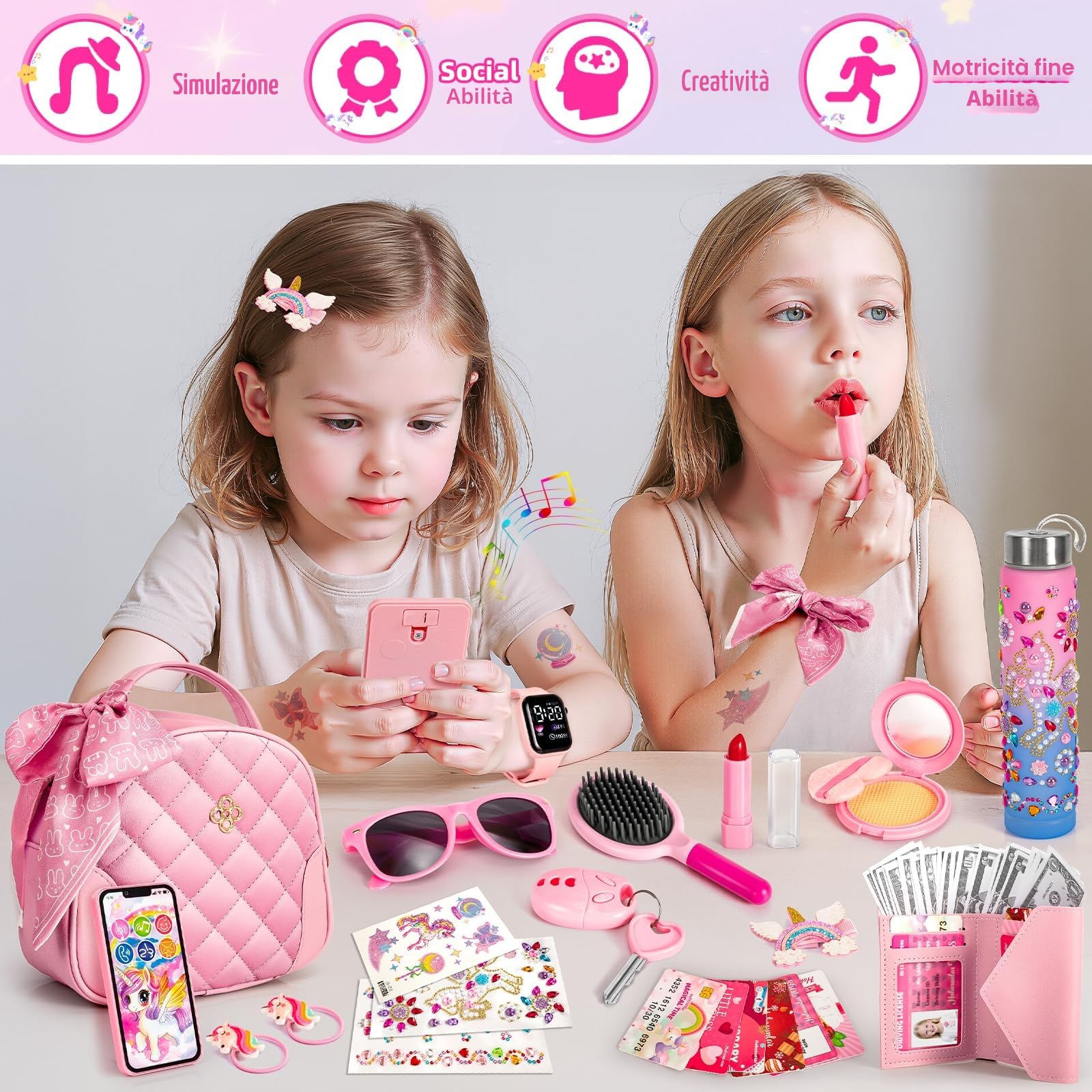 Hohosunlar Borsetta per Bambina con Accessori Giocattolo, Trucchi Bambina, DIY Unicorno Bottiglia D'acqua, Watch, Telefono, Portafoglio, Regali di Compleanno di Natale per Ragazze 3 4 5 6 7 8 Anni