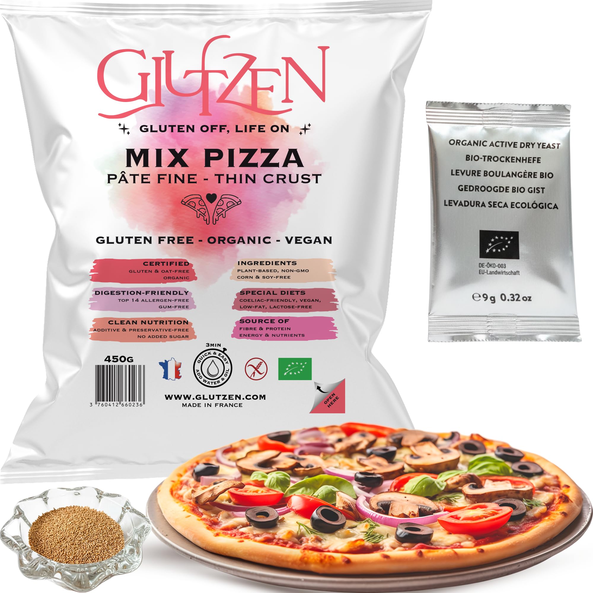 GLUTZEN Pizza Sin Gluten Bio Mix Masa Fina y Crujiente Base Sin Amasado Levadura Incluida Harinas Vegano FODMAP