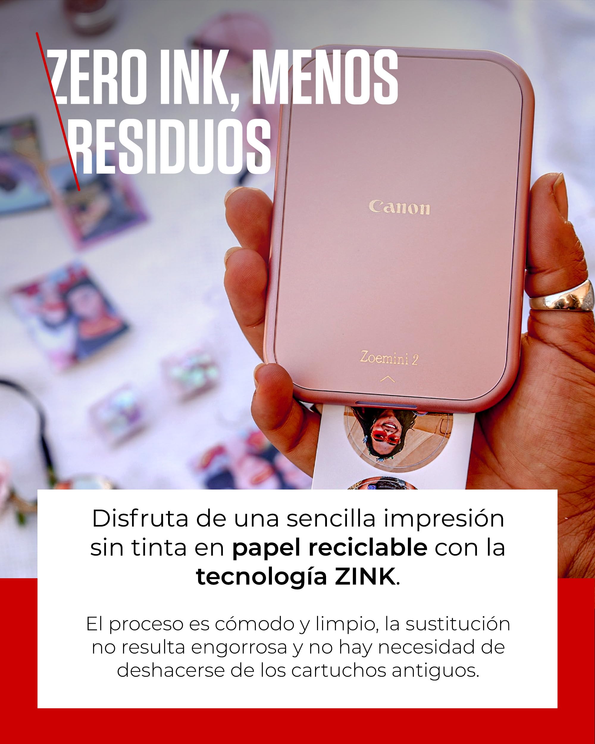 Canon Kit Zoemini 2 Impresora fotográfica + Papel fotográfico Zink 20 Piezas + Papel ZP-2030 (20 Hojas) + 10 Adhesivos Circulares (para Smartphone, USB C, Bluetooth, impresión móvil) Oro Rosa