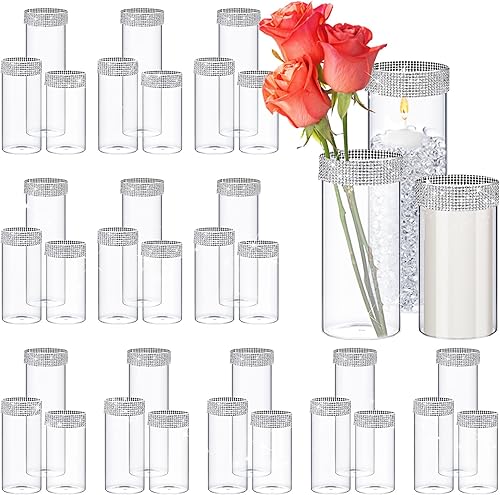 Yaomiao 36 piezas de jarrón cilíndrico de vidrio transparente a granel de varios tamaños, jarrón de flores de cristal, centros de mesa, portavelas