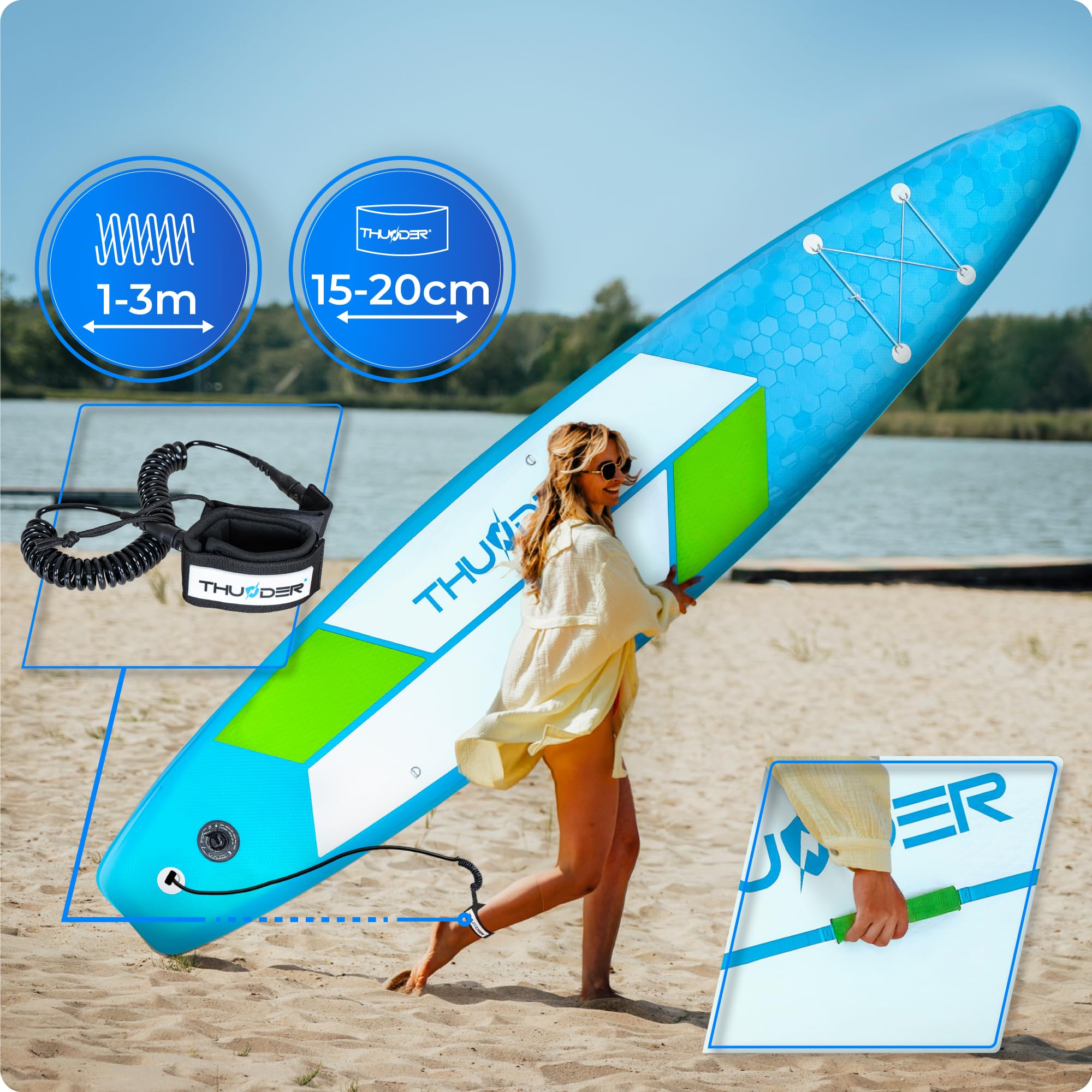 THUNDER - Tabla Sup inflable de 380 cm con asiento kayak – Stand Up Paddle Board Set con bomba, remo y mochila – Sup Touring para adultos y principiantes hasta 150 kg