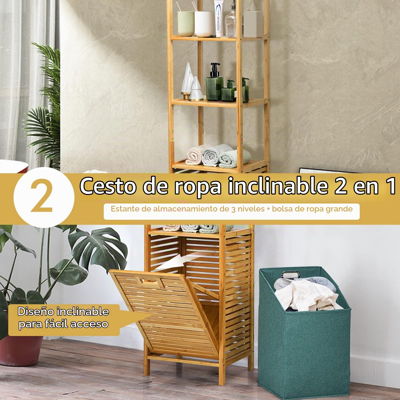 GIANTEX Estante de Baño con Cesta para la Ropa, Estante de Bambú para el Baño, Armario Alto con 3 Estantes, Natural,40 x 33 x 160 cm