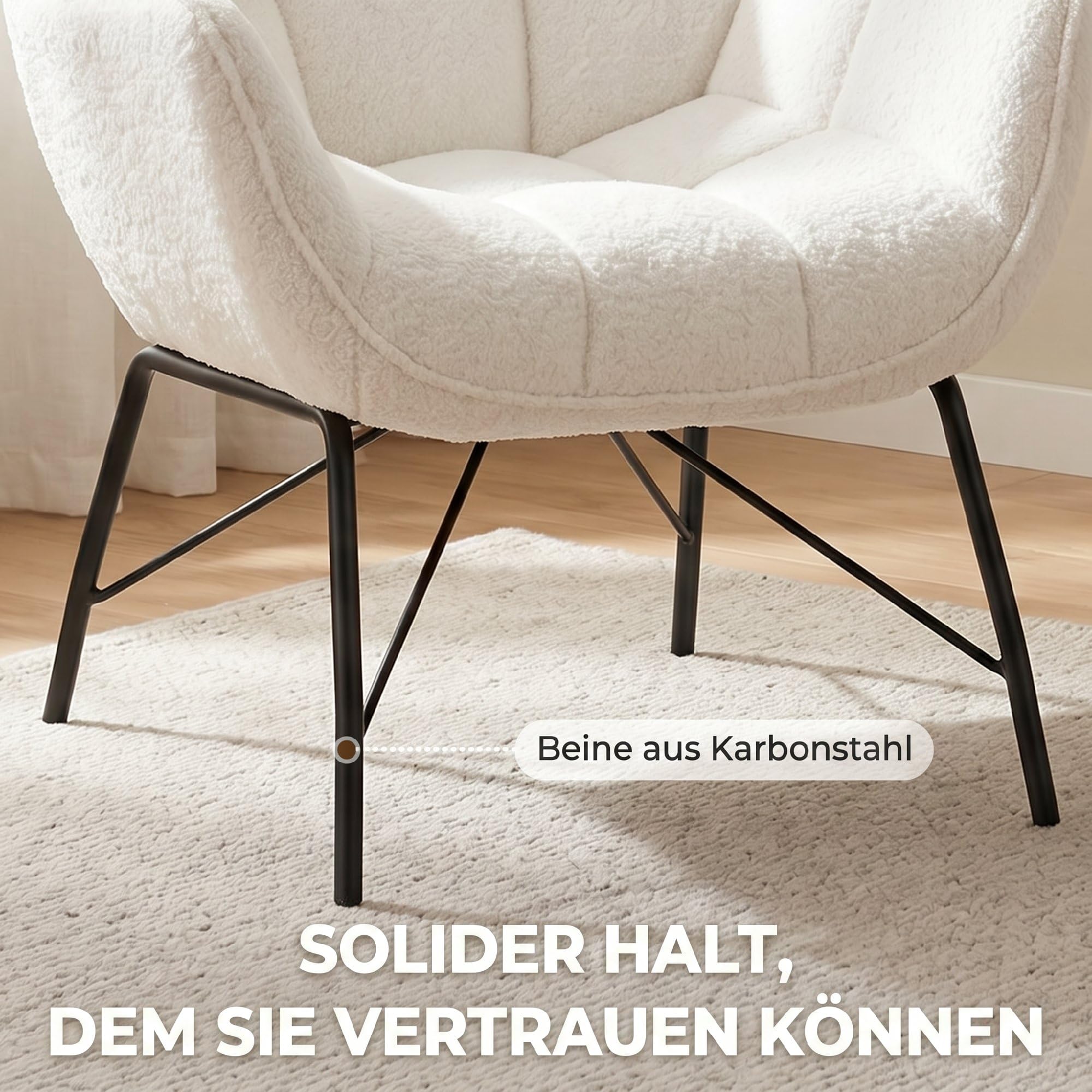 HOMCOM Loungesessel Wohnzimmer Sessel mit Sherpa-Fleece-Optik Cremeweiß | Moderner Lesesessel, Armlehnen, Gebogener Rückenlehne, Stahlbeinen, Bequemer Relaxsessel, Polsterstuhl für Schlafzimmer