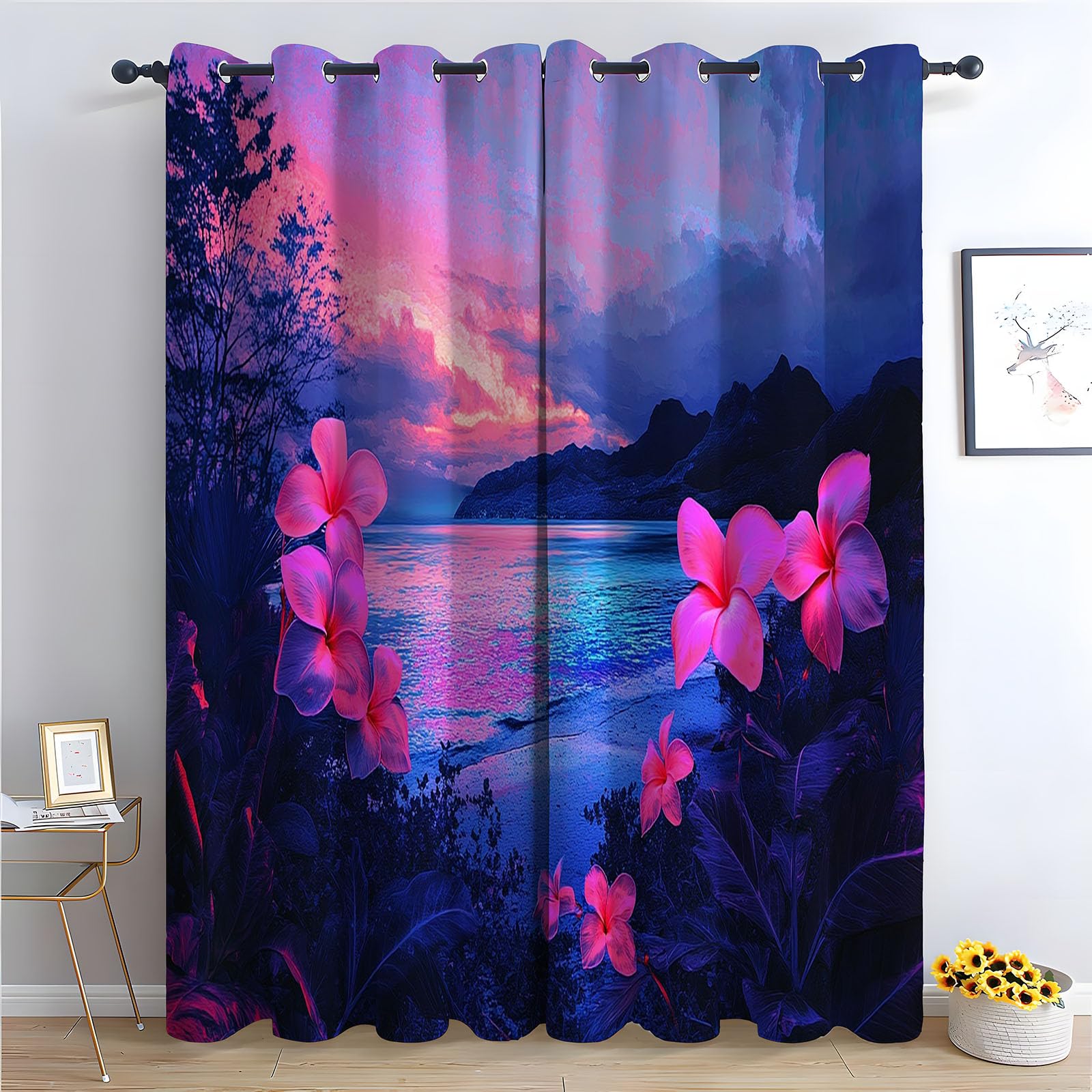 TERUEA Forest Curtains Pink plumeria flowers ocean mountain sunset seascape Thermal Insulated Blackout Curtains Darkening Window Drapes for Bedroom Living Room-52 W x 90" L (Pack of 2)