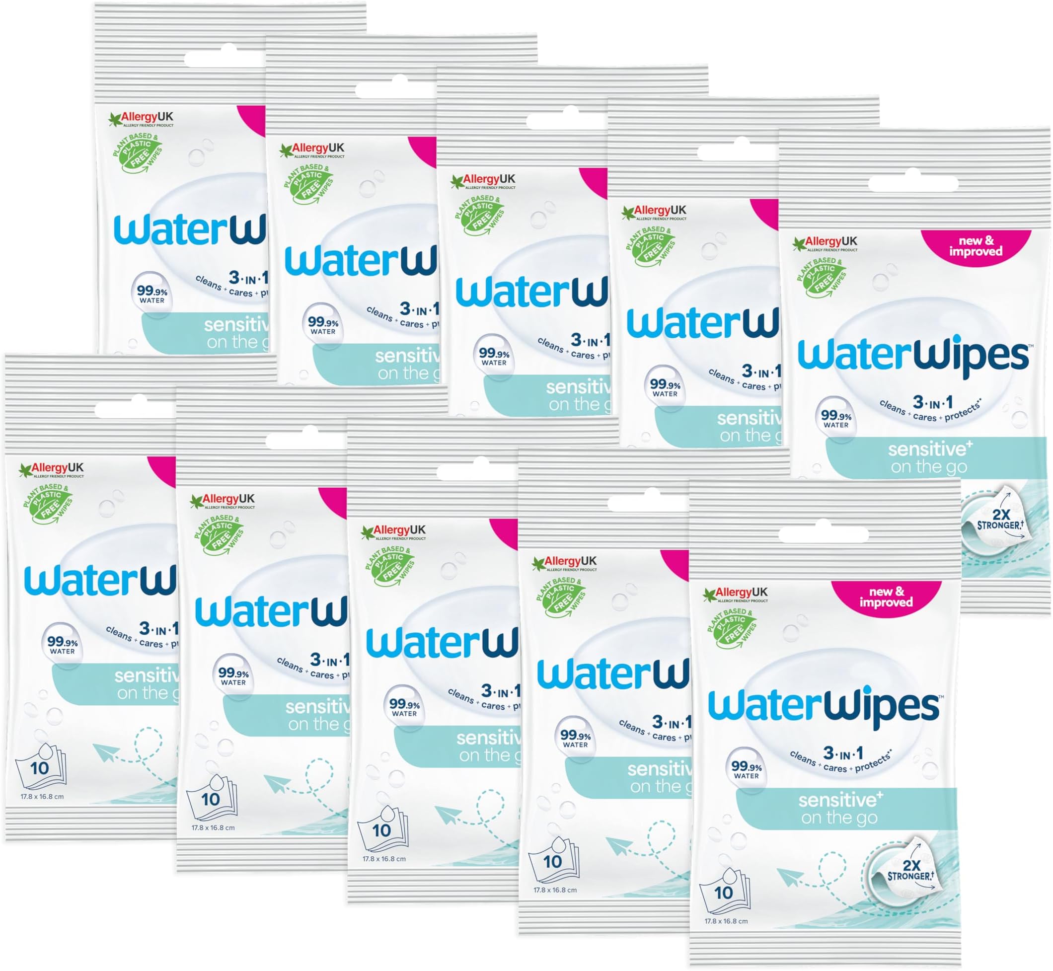 Sensitive+ On The Go Wipes, 100 Wipes (10 Packs), 99.9% Water, Fragrance & Alcohol Free
