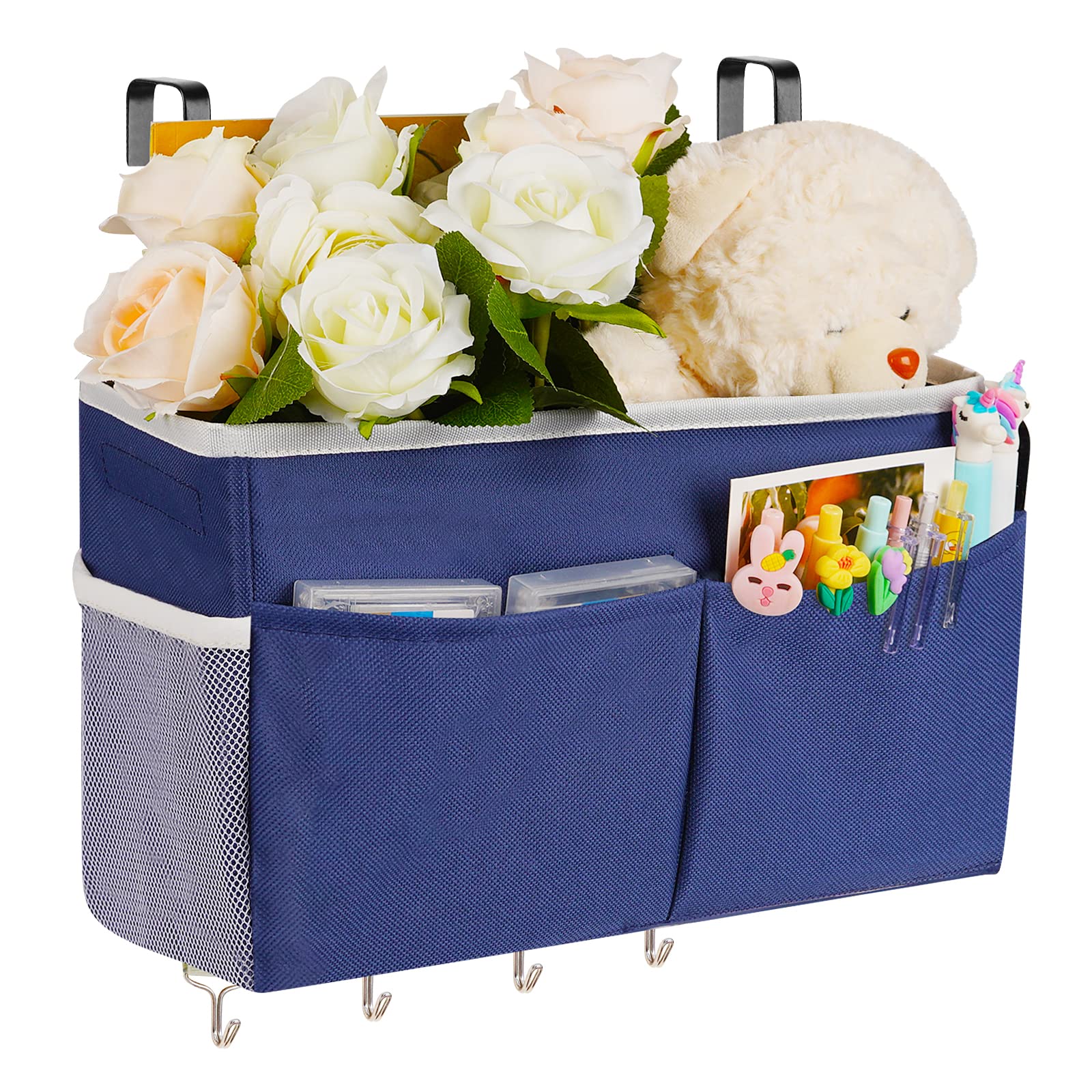 Frjjthchy Bedside Storage Organizer 5 Pockets with 4 Hooks Hanging Storage Bag for Headboards/Bunk Bed (Dark Blue)