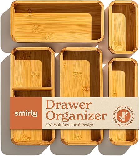 Vista 9 de SMIRLY Juego de organizador de cajones de cocina de bambú de 8 piezas para utensilios grandes y pequeños, caja de almacenamiento multiuso, baño