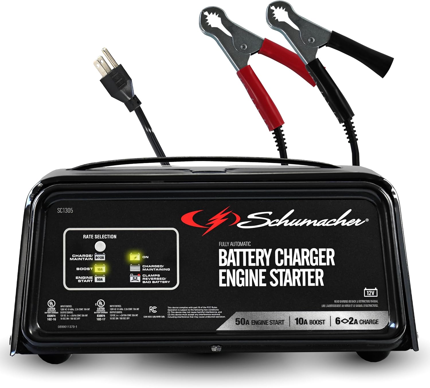 Schumacher Electric 6A Car Battery Charger and 50A Engine Starter, 4-in-1 Solution, Maintainer, 10A Boost, for 12V Power Sport, Automotive, and Marine Batteries, SC1305