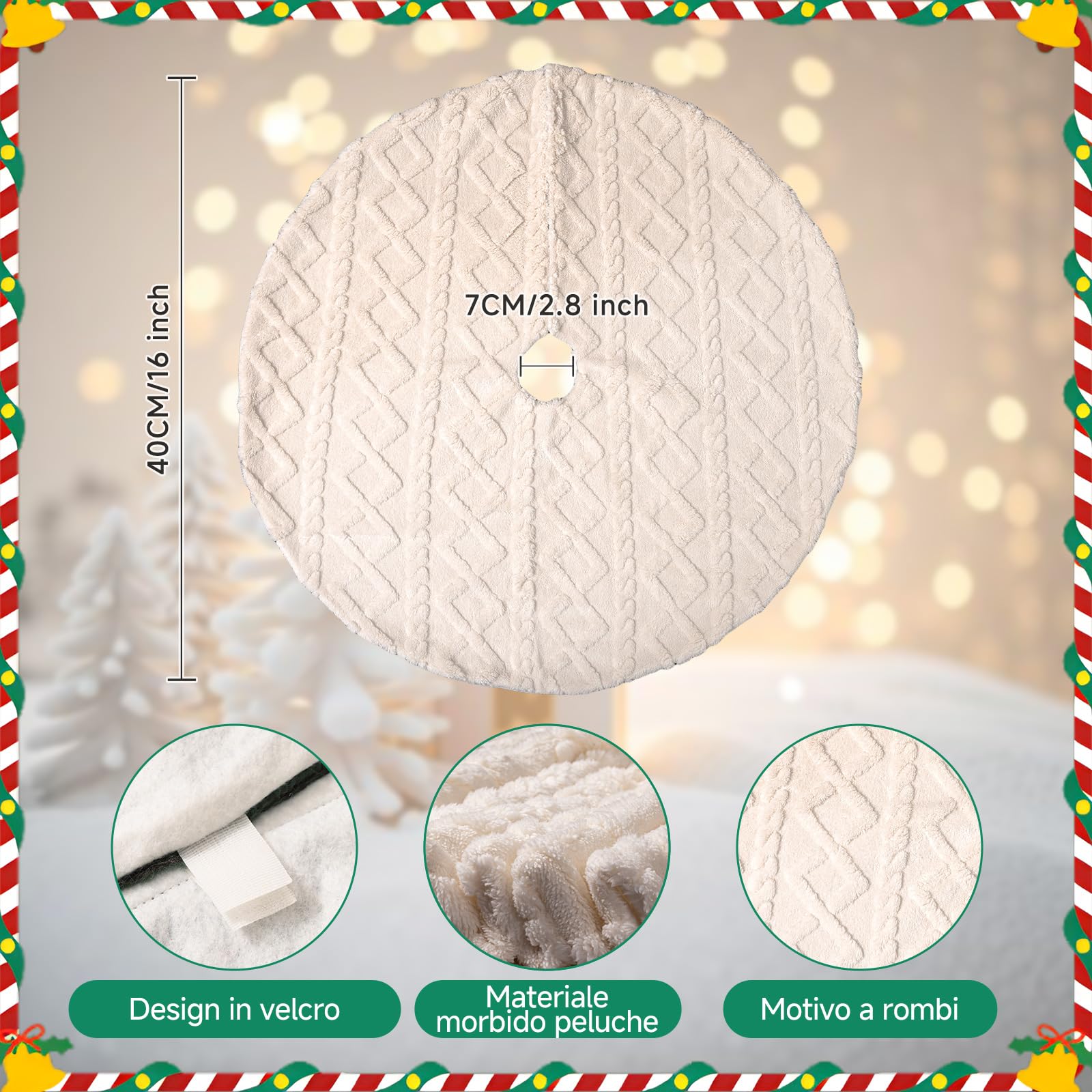 Tappeto/Gonna Per Base Albero Di Natale 75cm - Peluche Beige, Decorazione Invernale