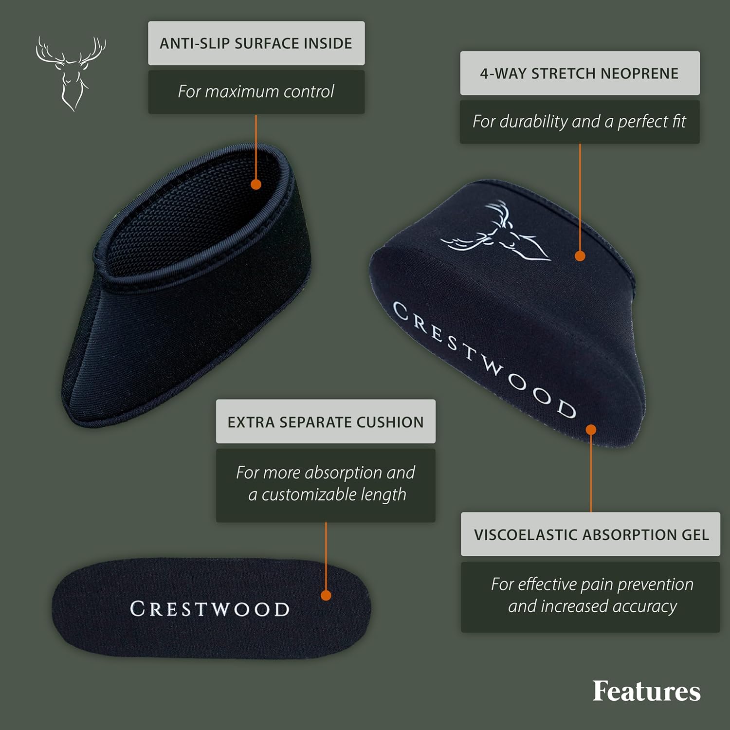CRESTWOOD (2-Pack) Universal Recoil Pad, Recoil Pads for buttstock, Rifle and Shotgun Accessories, Hunting, Sporting Clay, Trap Shooting Accessory, Slip-On Limbsaver