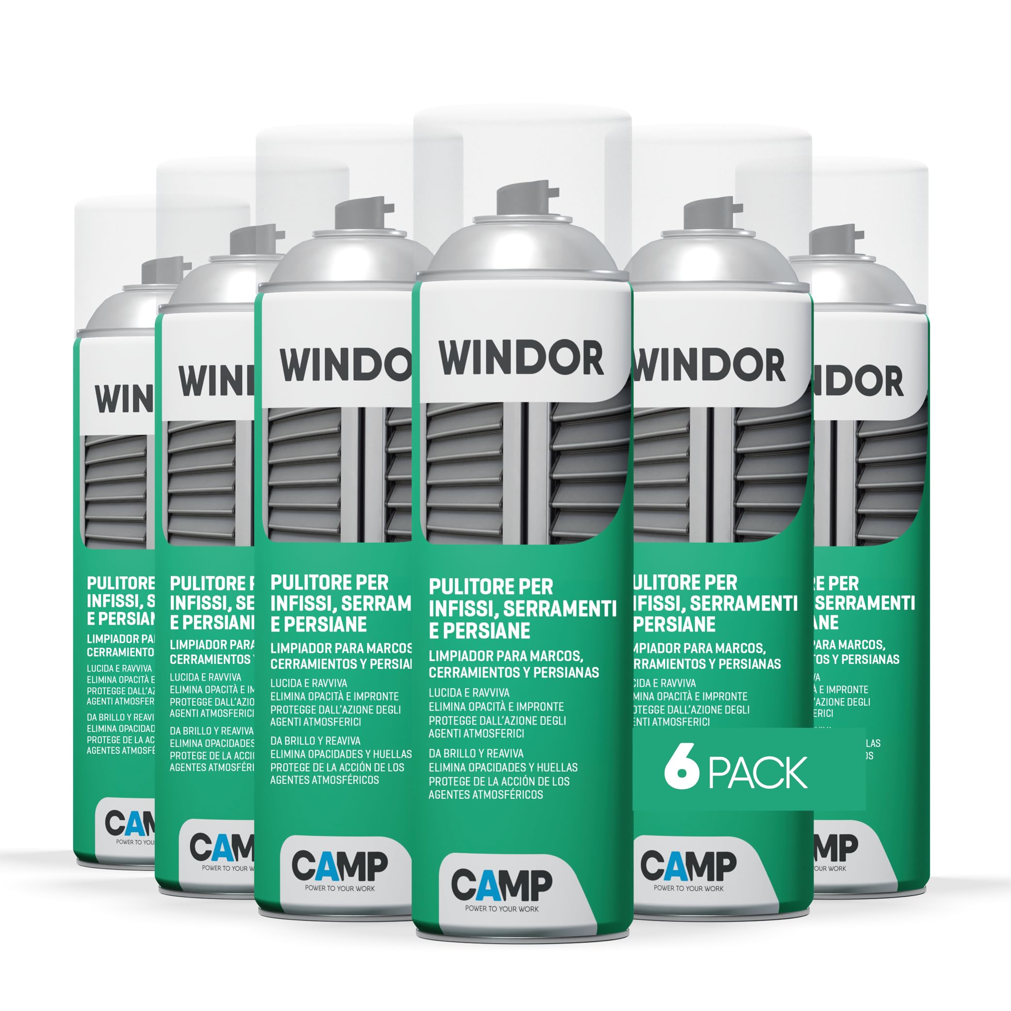 CAMP Windor Spray - Pulitore Ravvivante Protettivo, Pulisci Persiane, Finestre, Infissi e Serramenti in PVC - Ideale per Lucidare e Ravvivare le Superfici - Non Lascia Residui, Made in Italy, 6x500 ml
