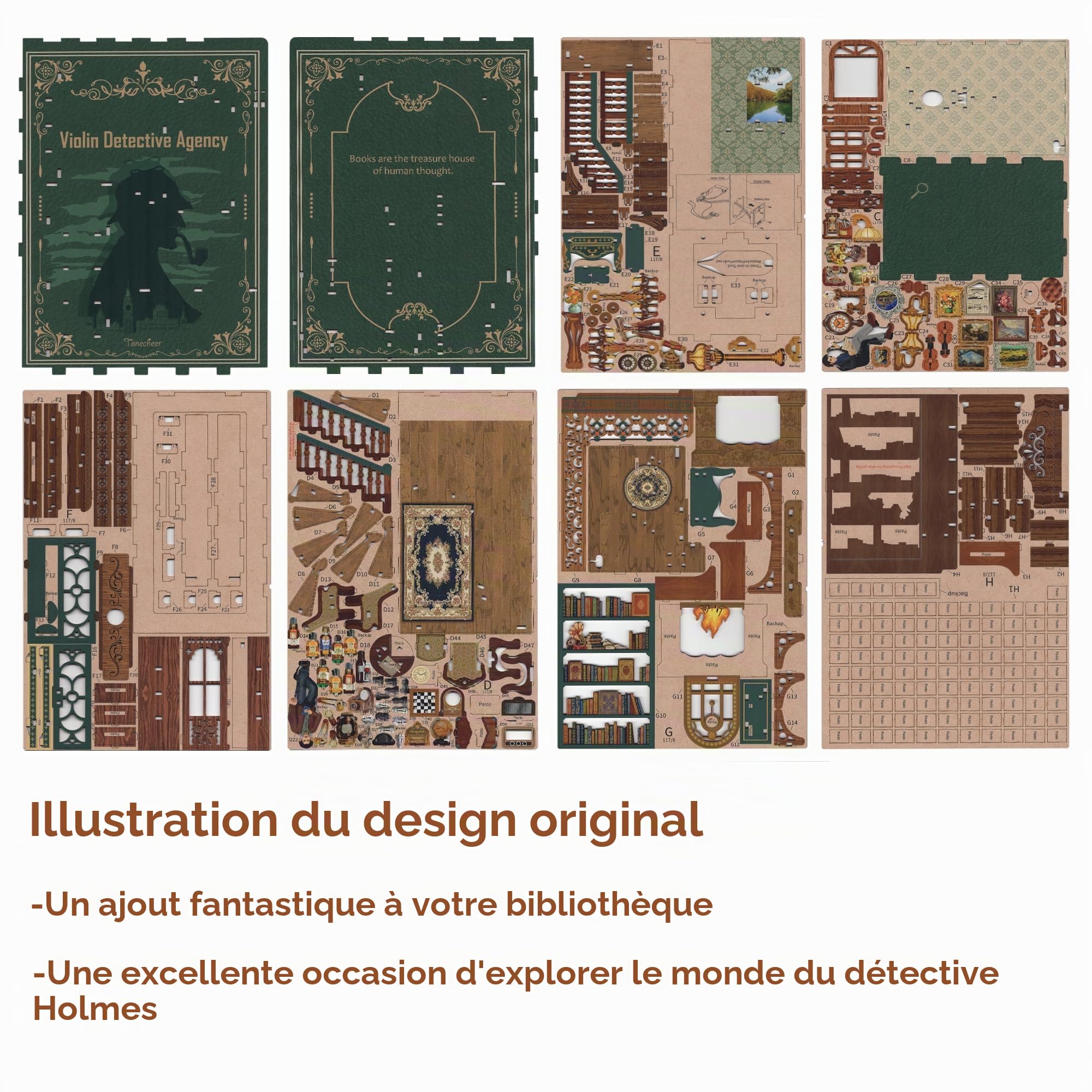 Tonecheer Book Nook avec Lumière LED Kit Maisons de Poupées DIY Maison Miniature Puzzle en Bois 3D pour Adultes Bibliothèque Décoration Cadeau d'anniversaire（Agence de détective de Violon