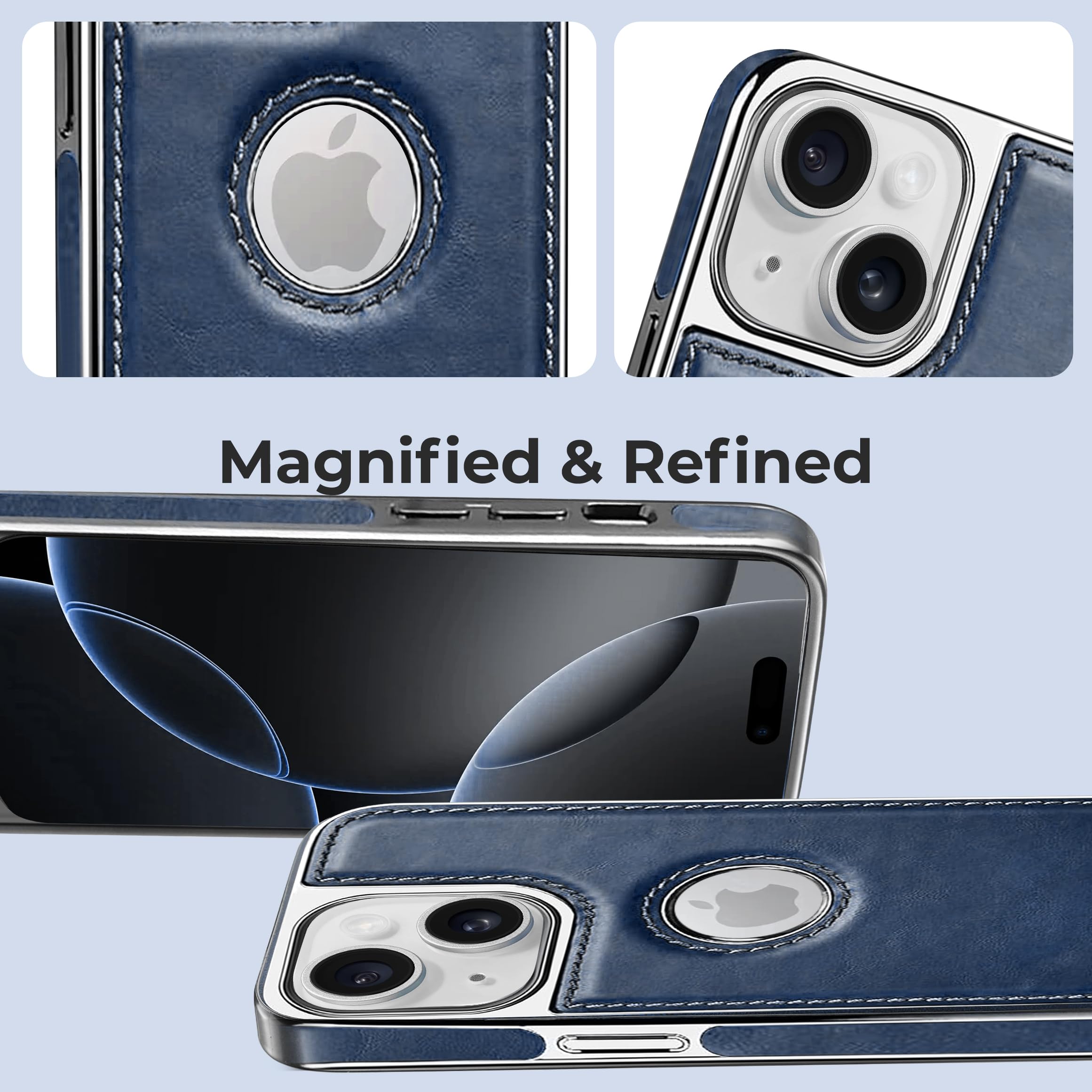PULOKA Chrome Leather Back Case - Compatible with iPhone 15 - Luxury Bumper Case - Flexible Vegan Leather - Electroplated Sides & Logocut - Full Camera Protetection & Raised Edges - (Blue) 3