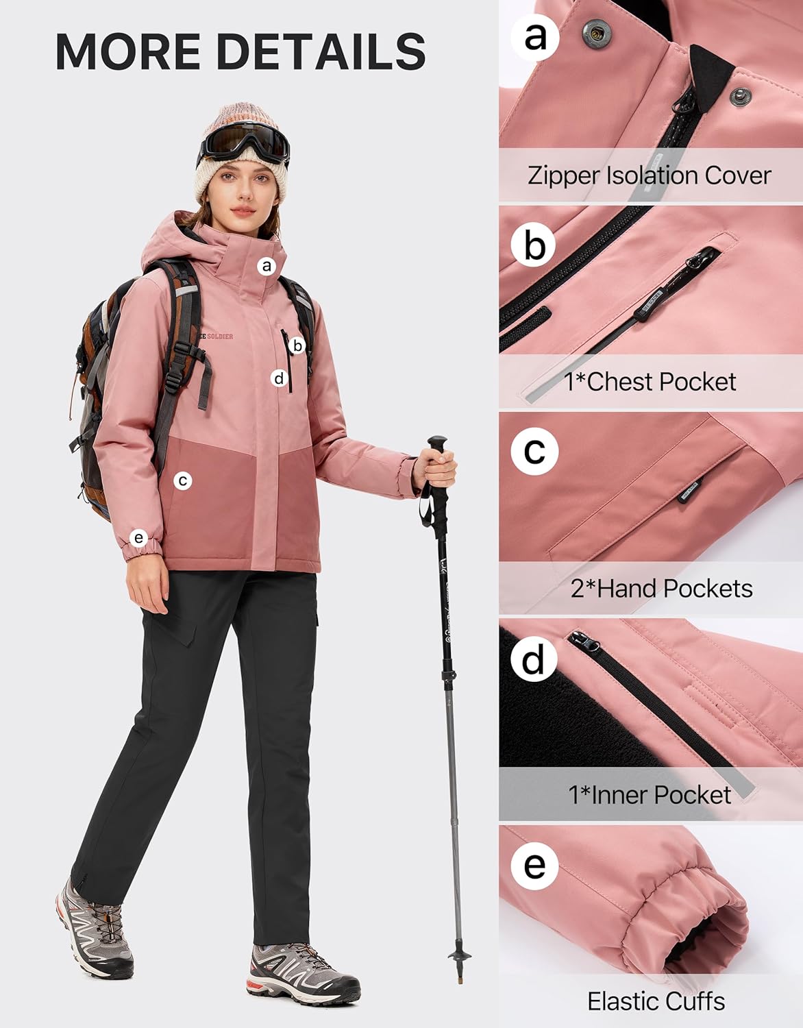 FREE SOLDIER Women's Waterproof Ski Jacket Fleece Lined Warm Winter Snow Coat Windproof Hooded Raincoat - Image 7