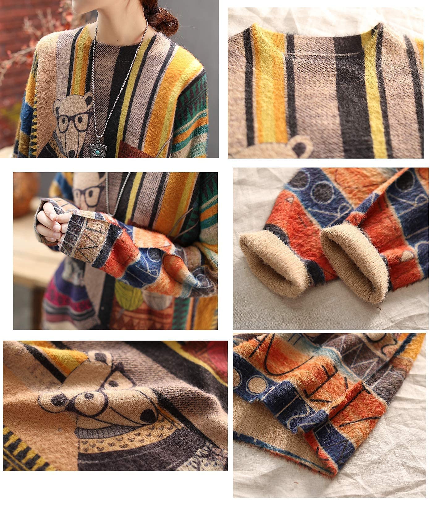 Janein Damen Pullover Oversize Lang Strickpullover Herbst Winter Rundhals Sweater mit Blumenmuster Weihnachtspullover JS01DE | Übergröße Weihnachts-Pullover, locker geschnitten, angenehmer Stoff, pillfest, warm für Winter, Familientreffen & Alltag