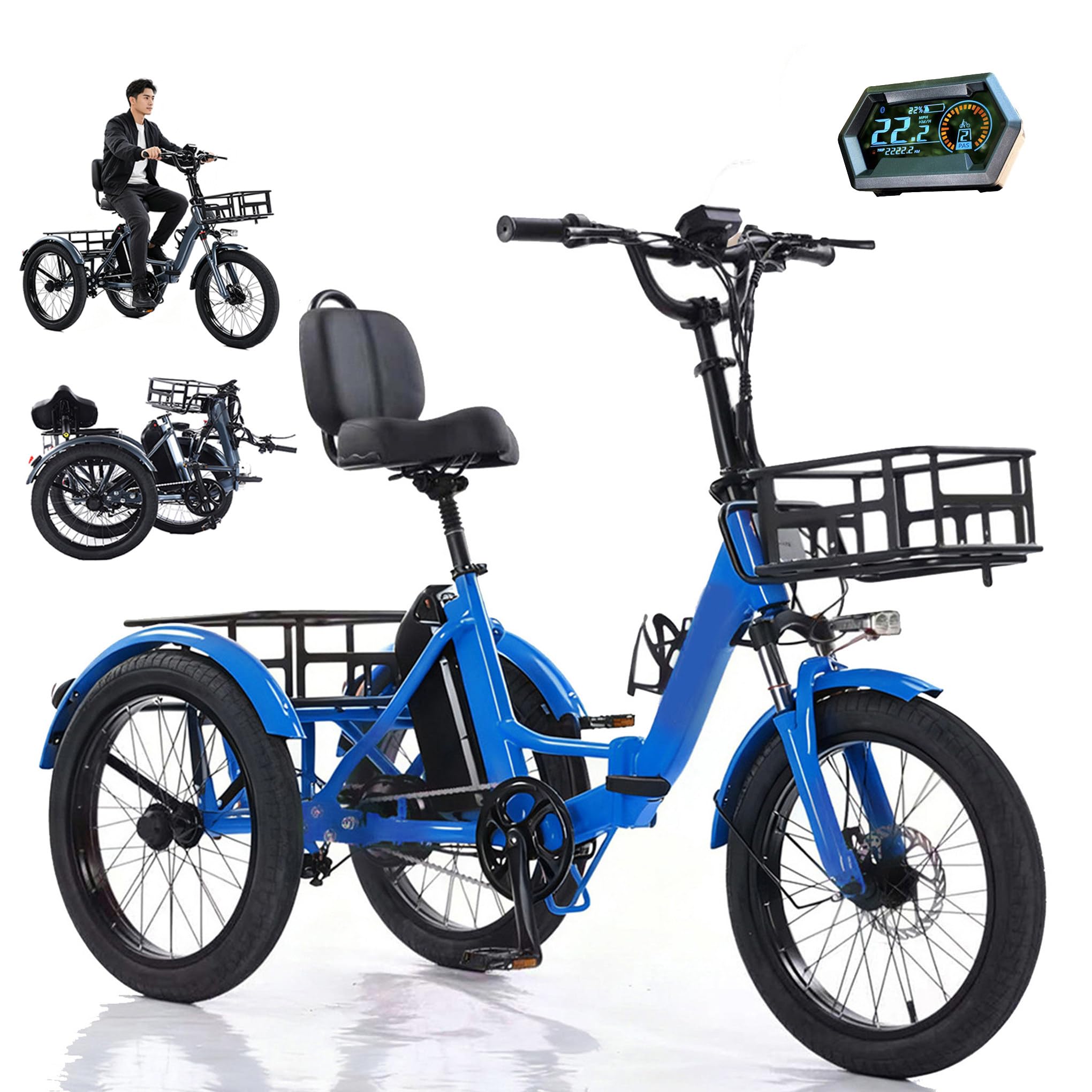 20 Inch Electric Tricycle Foldable 3 Wheel E Bike Tricycle Adult Cargo Electric Trike,Front and Rear Basket, LCD Screen, 48V 13Ah Battery - 45km Range, 200kg Load Capacity, For Elderly, Aldult B