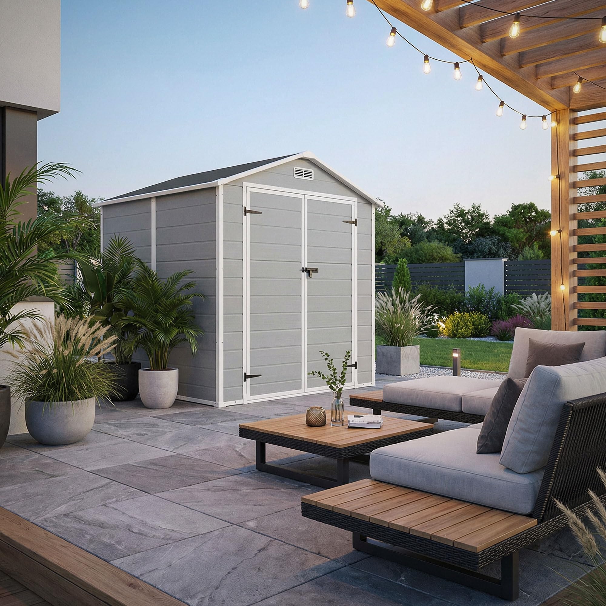 ECD Germany Abri de Jardin avec Plancher en Résine PP 5m³ Gris Clair, Toit Double Pente, Fenêtre, Porte Double, Ventilation, Cabane de Rangement Extérieur 151x182x220 cm, Résistant Aux Intempéries