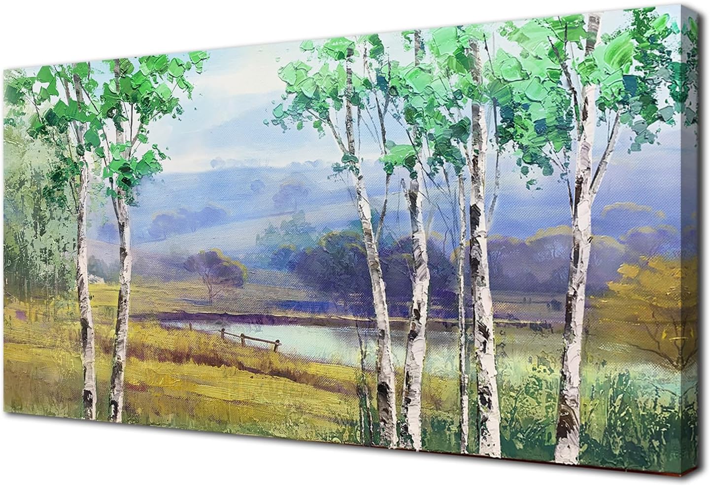 Anolyfi Landscape Painting Wall Art Birch Trees Canvas Nature Country Scenery, Textured Picture Panoramic Print Artwork Framed for Living Room Bedroom Bathroom Office Home Decor Large 40"x20"