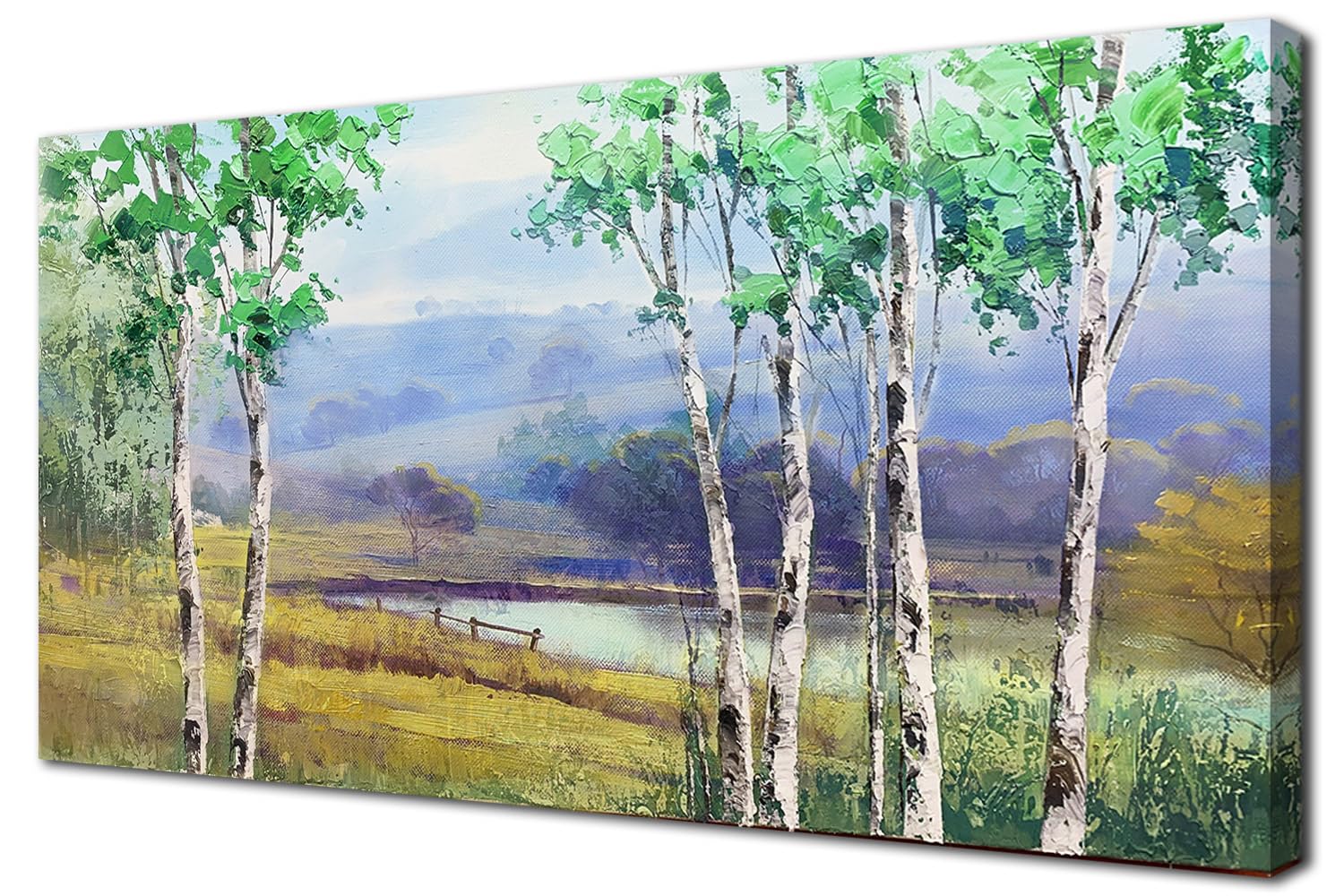 Landscape Painting Wall Art Birch Trees Canvas Nature Country Scenery, Textured Picture Panoramic Print Artwork Framed for Living Room Bedroom Bathroom Office Home Decor Large 40"x20"