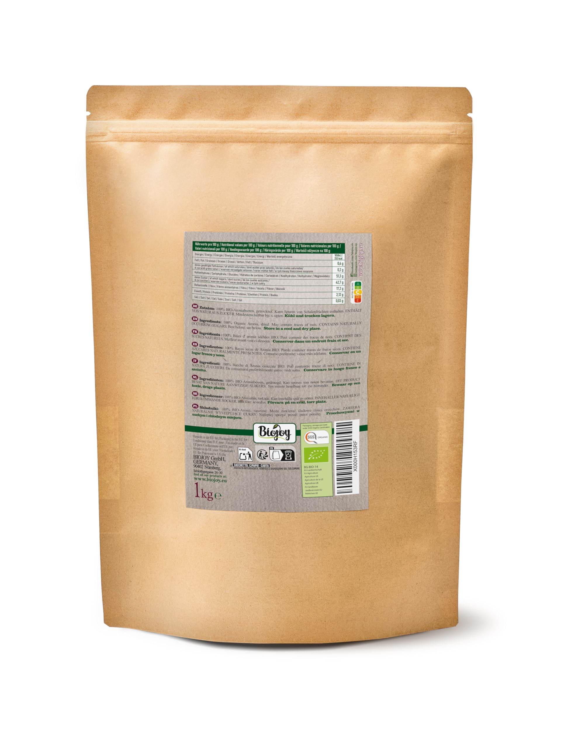 Biojoy Baies d'aronia séchées BIO (1 kg), entières (Aronia melanocarpa)