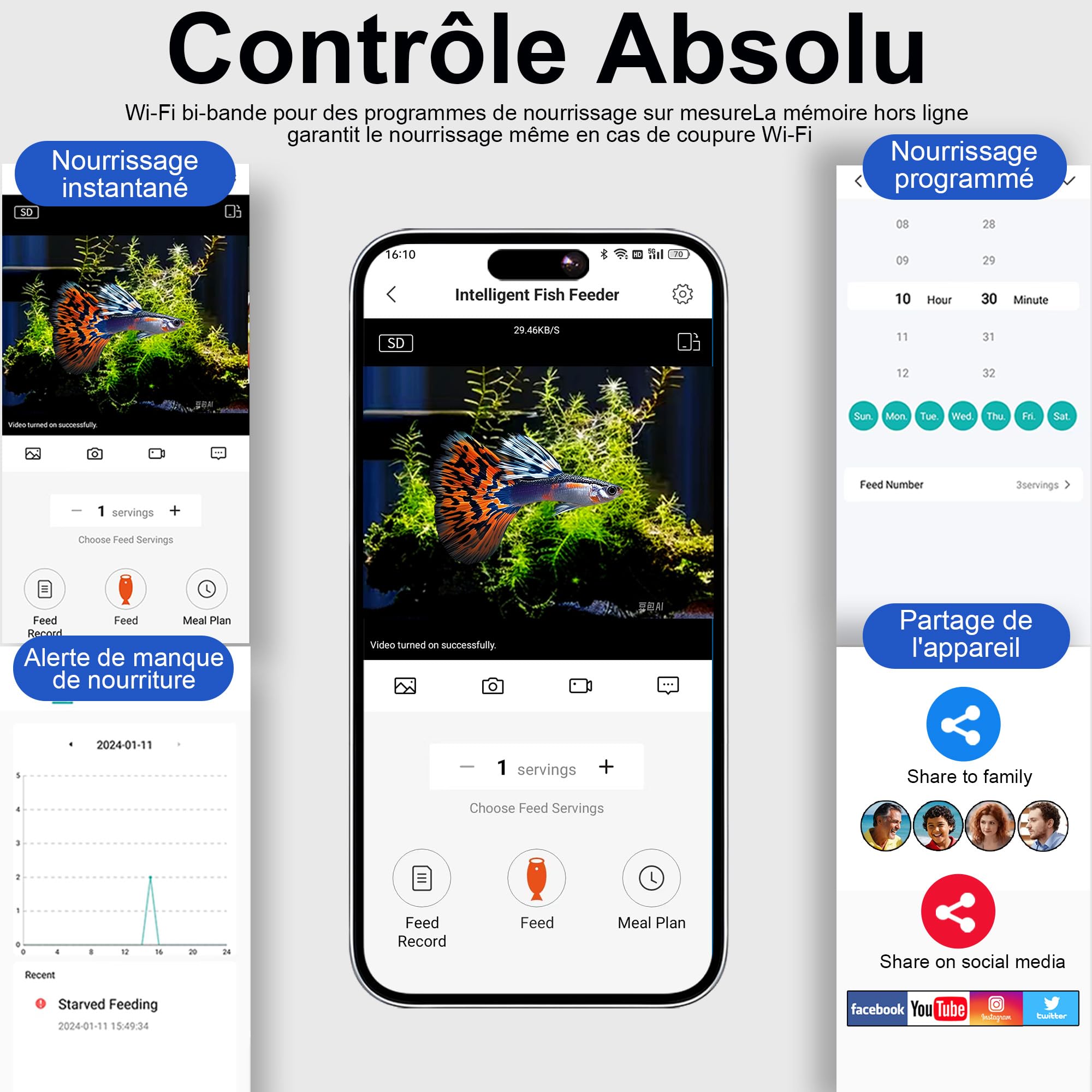 Distributeur Nourriture Poisson Automatique WiFi Caméra 2.5K HD, Mangeoire Connectée App 2.4G/5G, Précis 0.2g/0.6g pour Aquarium