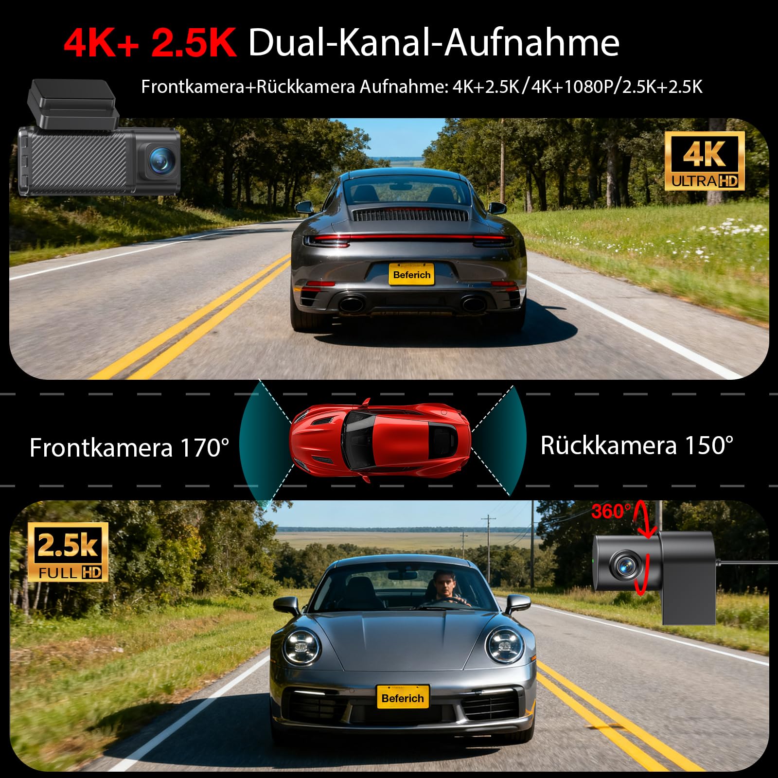 4K+2.5K Front Heck Dashcam mit 5,8 GHz WLAN & GPS Doppelkanal-Auto-Kamera, 3,16" IPS Bildschirm, Nachtsicht, 170° Weitwinkel, Parkschutzmodus, G-Sensor, Loop-Aufnahme – inkl. 64GB SD-Karte