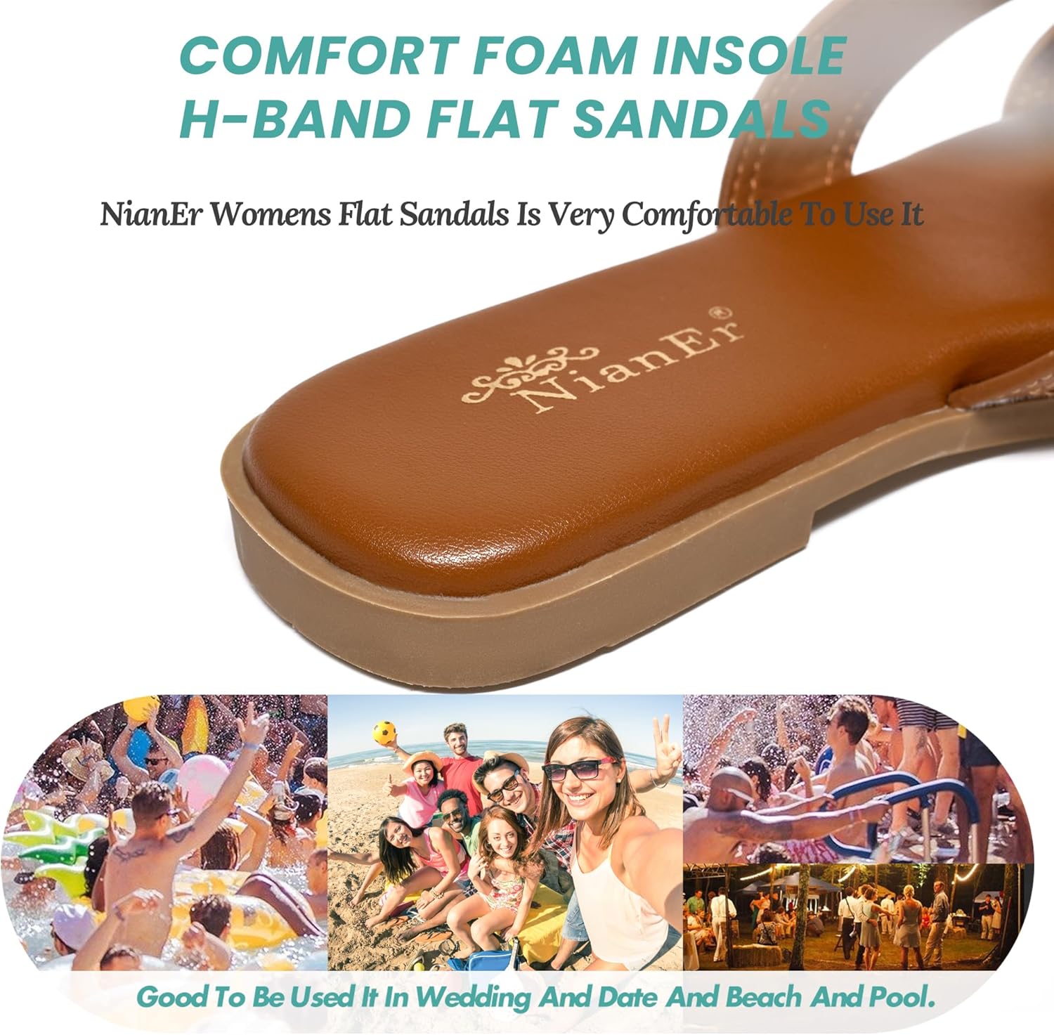 NianEr Womens Microfiber Leather Comfort Foam Support H Sandals Square Toe Dress Dressy Slip On Casual Cute Comfort Bride Bridal Wedding Designer Date Flat Sandals Summer Shoes Slides