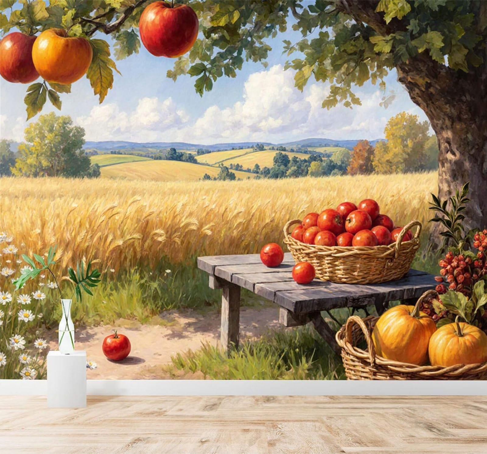 XLMING Autumn Harvest Field Pumpkins Golden Wheat Landscape 3D Wallpaper Premium Textured Silk Study Dining Living Room Bedroom Sofa TV Wall Easy Install-350cm×256cm