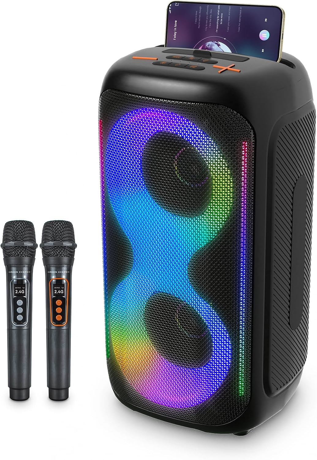 GKD40 Portable Karaoke Machine for Kids & Adults, Bluetooth Speaker with PA System, 2 Wireless Rechargeable Microphones, LED Party Speaker with 4' Woofers & LED Light for Home, Outdoor Party & Singing