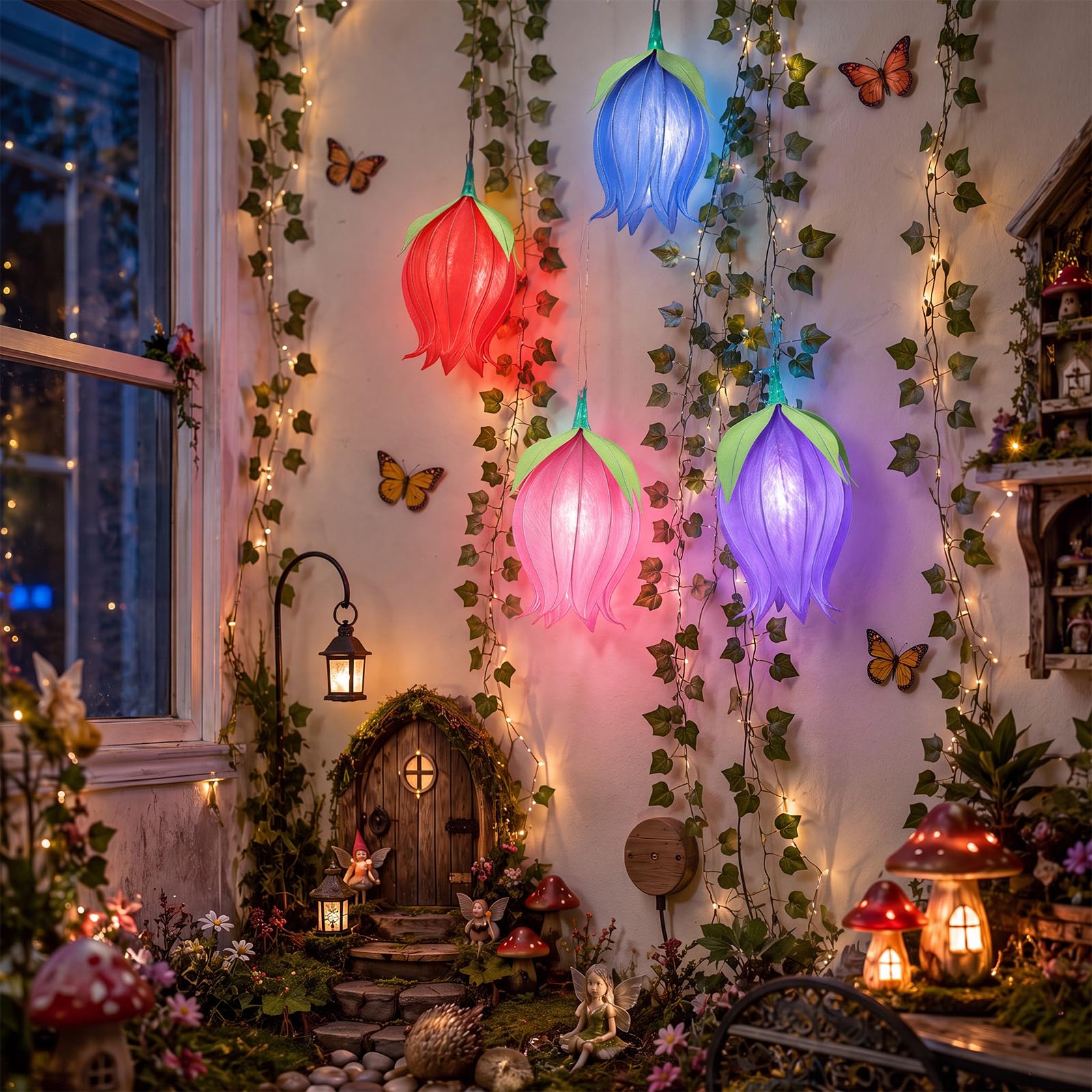 XunYee Verzauberte Waldfee, LED-Kunstlilien des Tals, hängende Dekoration mit Pothos-Reben, Wildblume, 3D-Fee, Party-Dekorationen für Gartenparty, Wald, Geburtstag, 6 Stück (mehrfarbig)