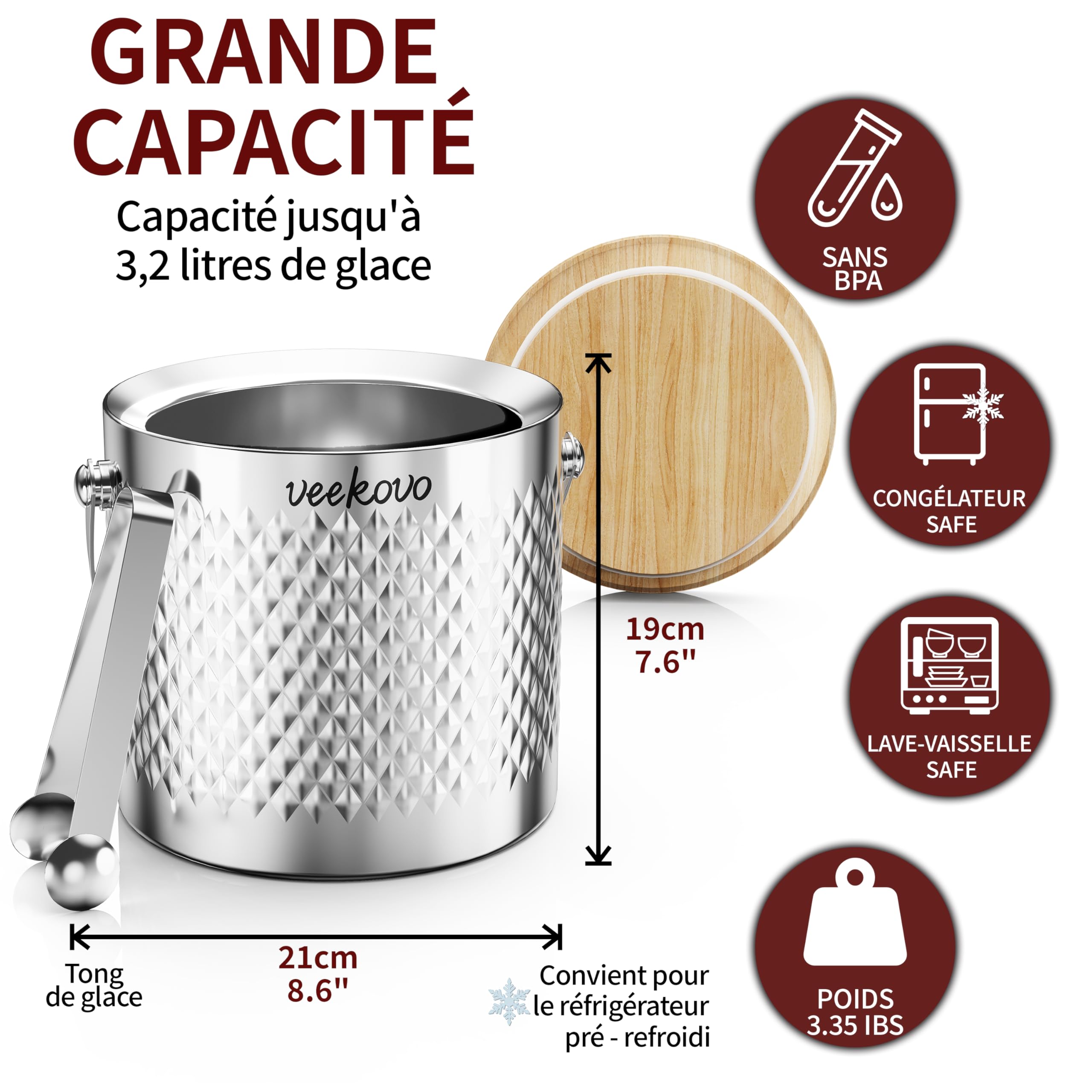 3.2L Seau à Glace Isotherme Avec couvercle et clip, Seau à Glace en Double Paroi en Acier Inoxydable, Rafraîchisseur Champagne pour Bouteille Bar Anniversaires Fêtes Pique-niques (Motif losange)