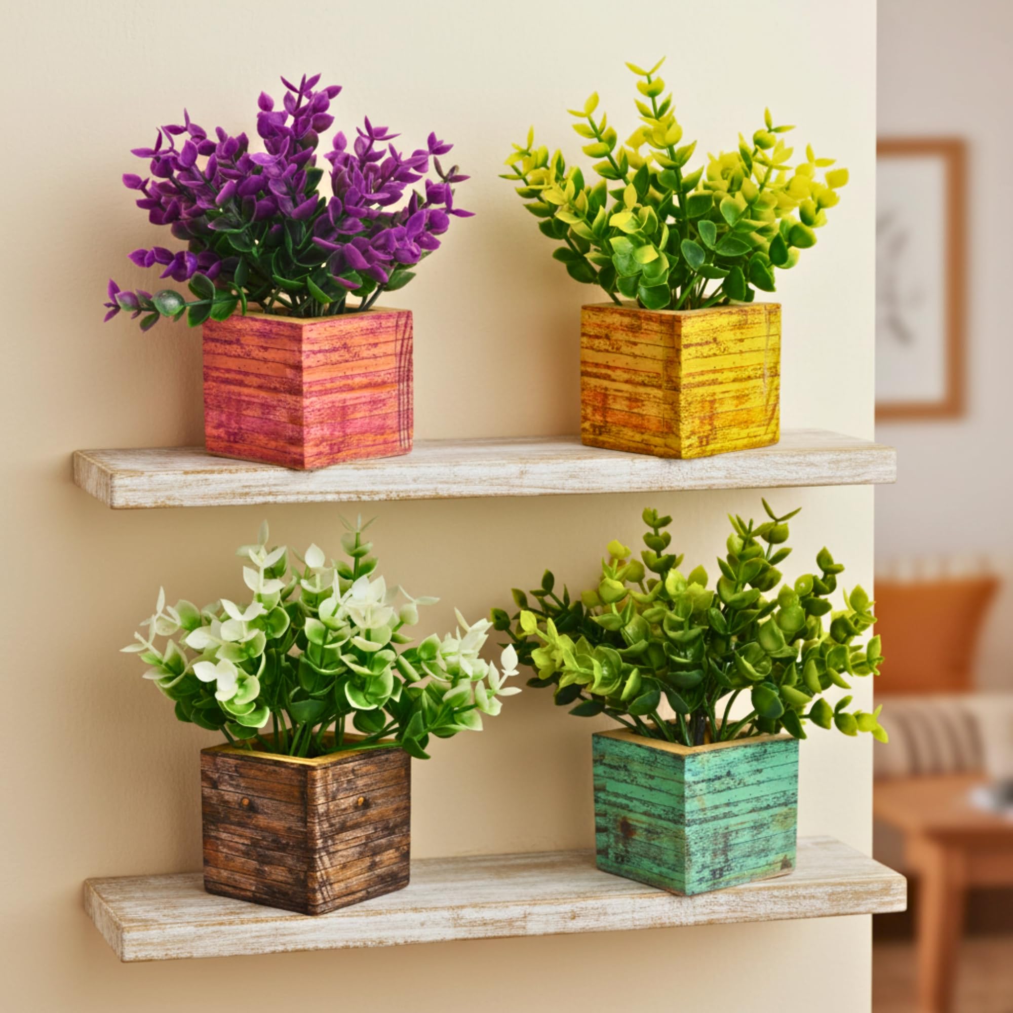 DecoreBugs Artificial Mini Plant (4 Pack)| Small Artificial Faux Plants Home & Office Decor, Living Room, Bedroom, Tabletop & Shelves | Small Potted Plants | Stylish Wood Pot