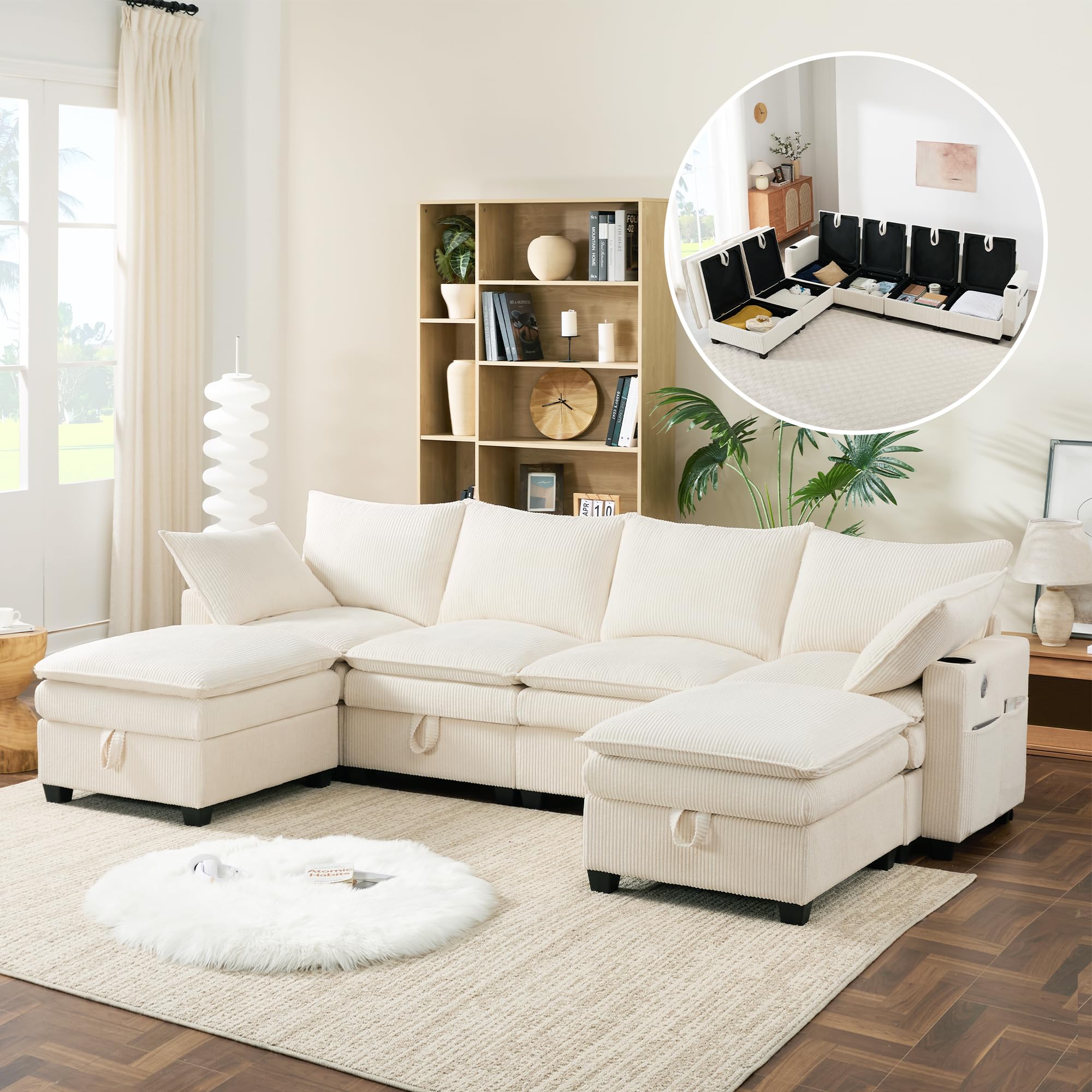 Canapé d’Angle Modulable en L/U 280 cm, 6 Places avec Repose-Pieds Amovible, Rangement, Porte-gobelet,Canapé Profond pour Salon, Meuble de Salon Moderne,canapé Convertible,Beige