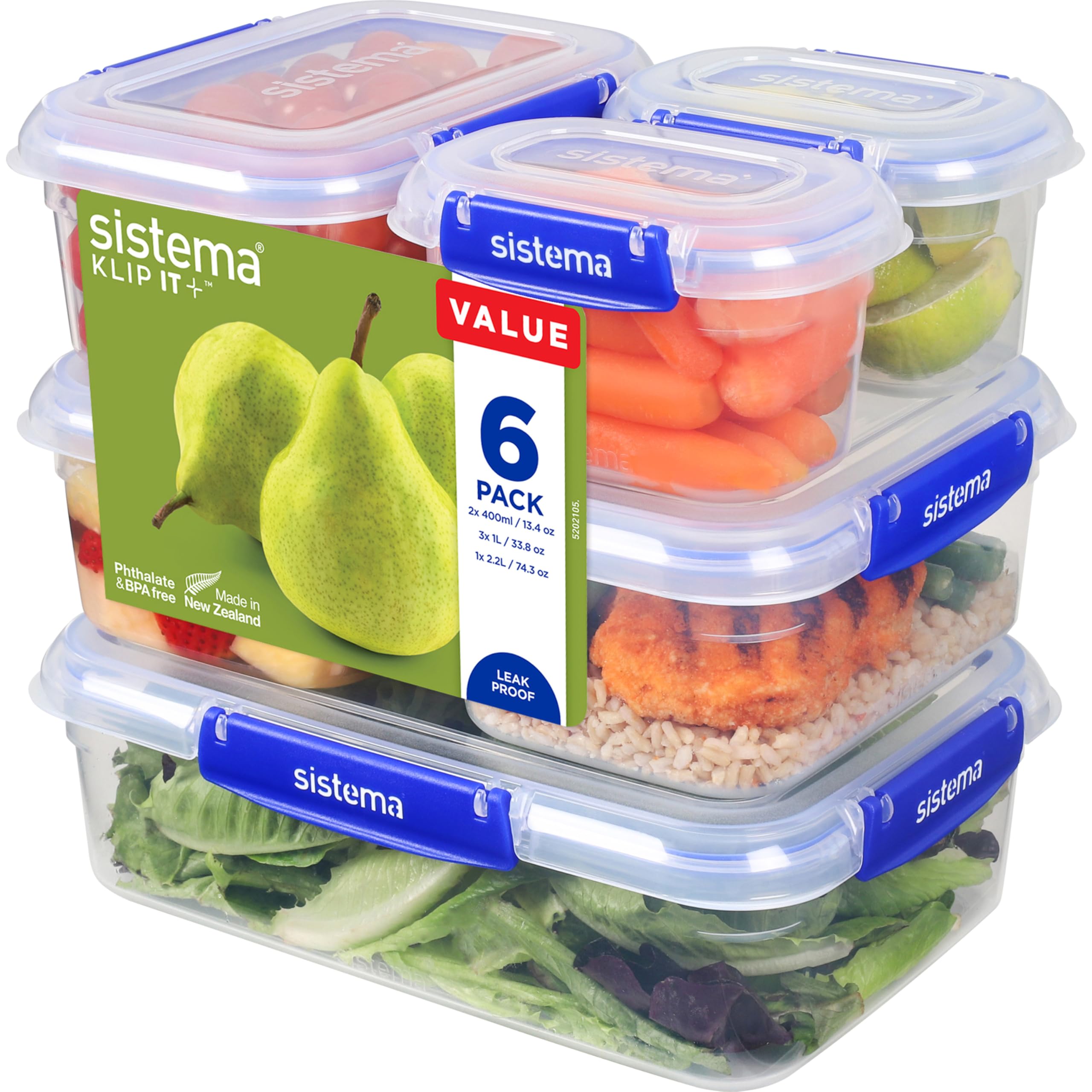 Sistema KLIP IT PLUS Leakproof Food Storage Containers | 2.2 L, 1 L, 400 ml | Airtight & Stackable Meal Prep Containers with Lids | School Lunch Boxes & Snack Boxes | 6 Count